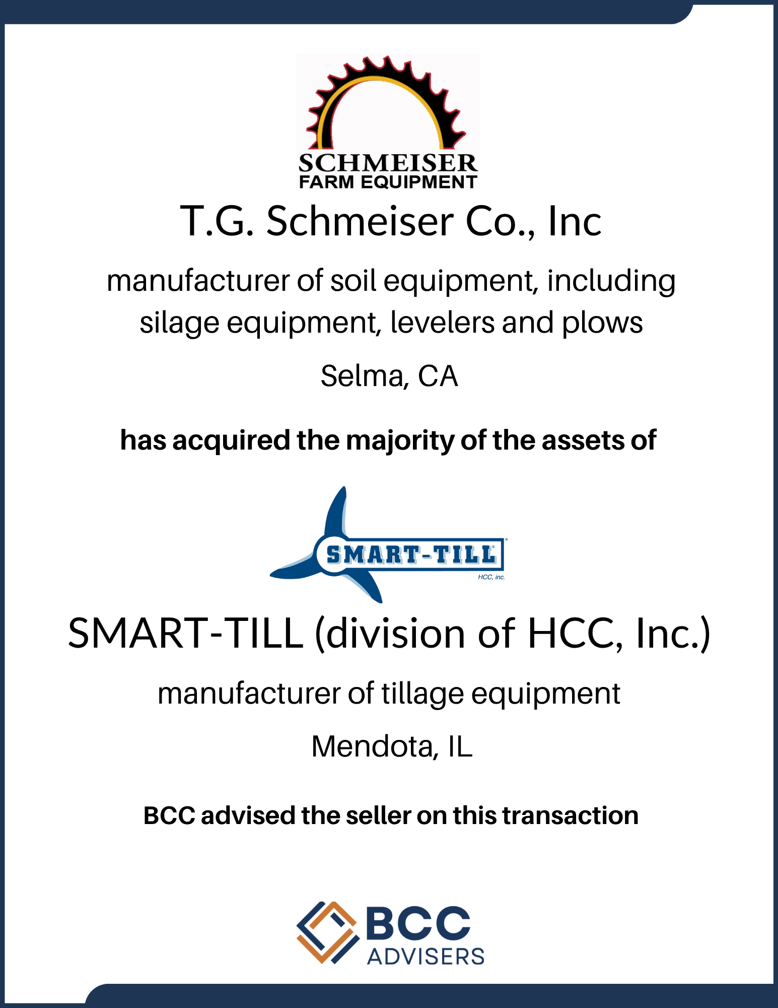 Business transaction document from T.G. Schleiser Co., Inc., located in Mendota, IL, with logos of Schmiser Farm Equipment and SMART-TILL, and BCC Advisers at the bottom.