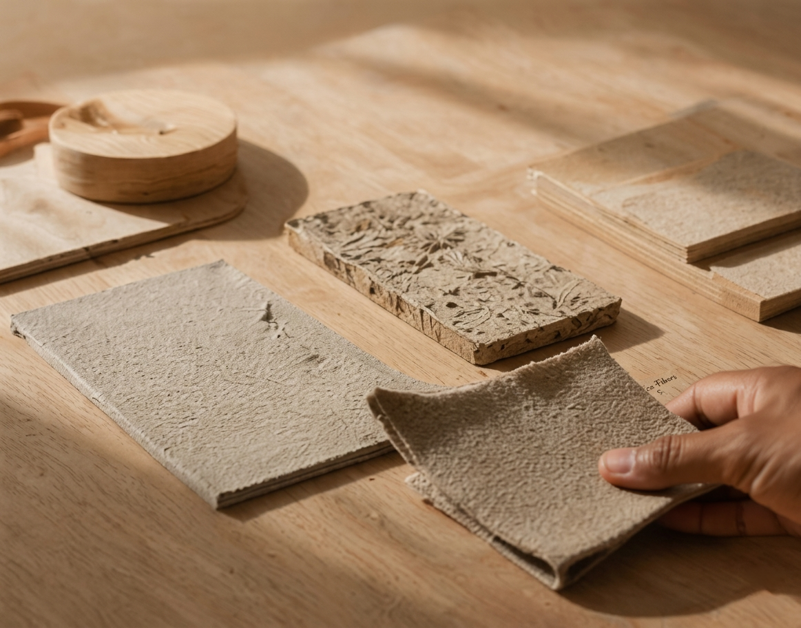 Muestras de diferentes texturas y patrones de azulejos sobre una mesa de madera, con una mano sosteniendo uno en la esquina inferior derecha.