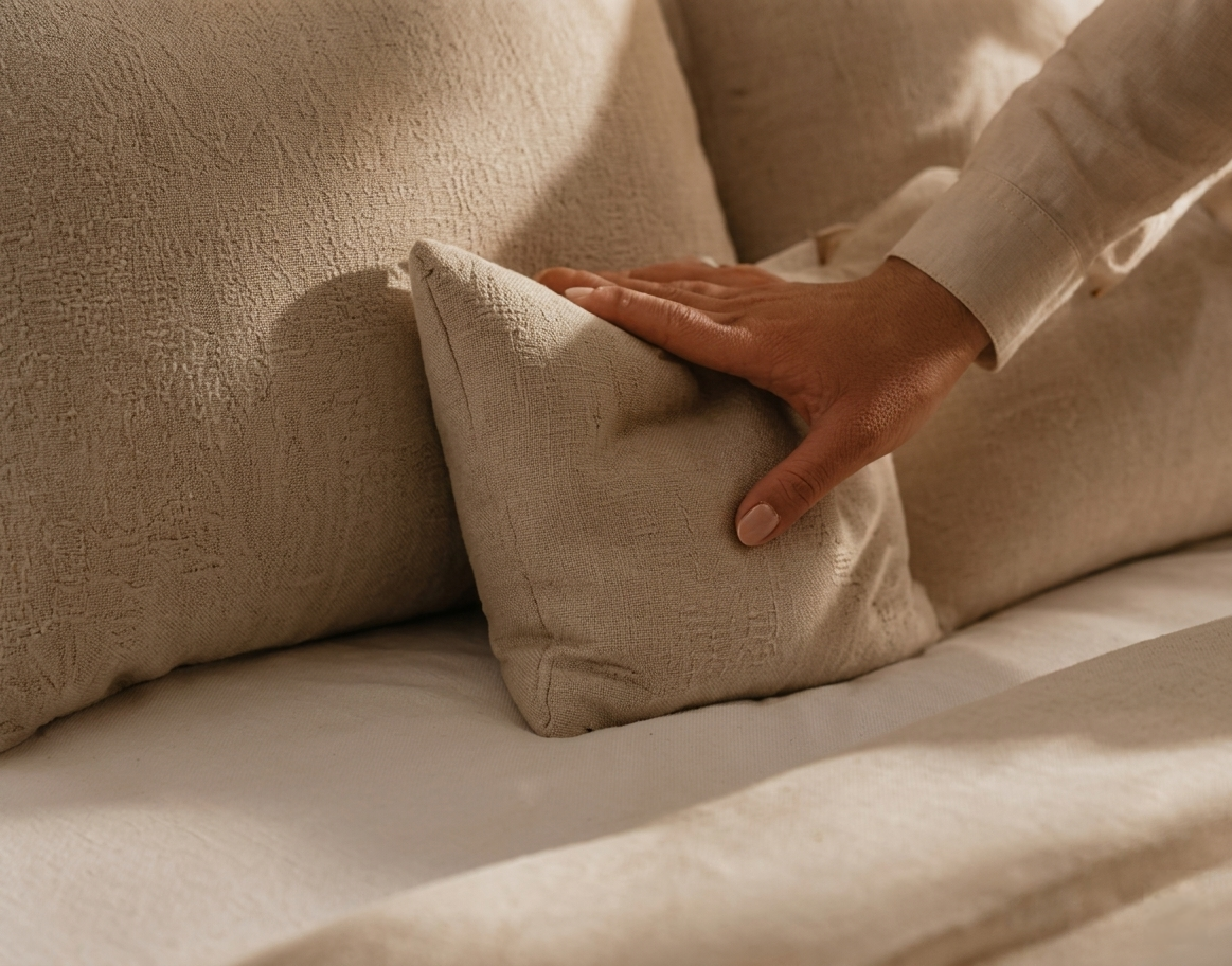 Persona arreglando una almohada en un sofá con funda de tela beige.