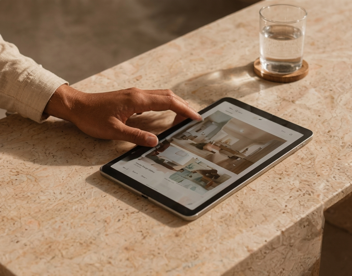 Una mano tocando la pantalla de una tableta que muestra una tienda online de muebles, sobre una mesa de granito con un vaso de agua al fondo.