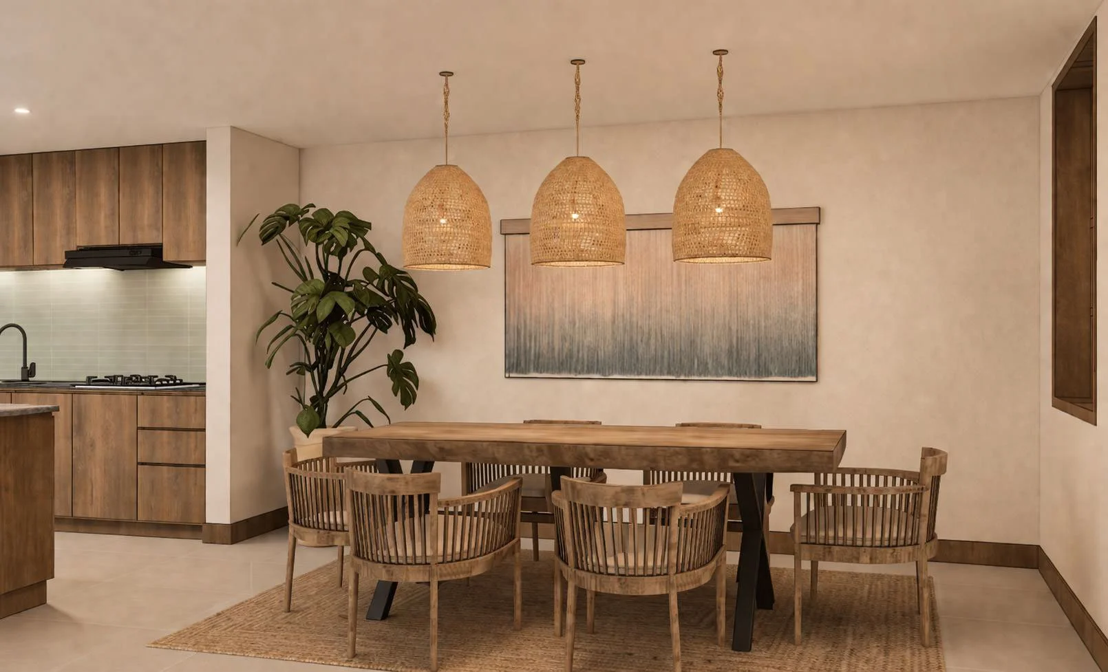Comedor con luz cálida, mesa de madera y seis sillas, galería con tres lámparas de mimbre colgantes, cocina al fondo con electrodomésticos de madera y área para plantas junto a la pared.