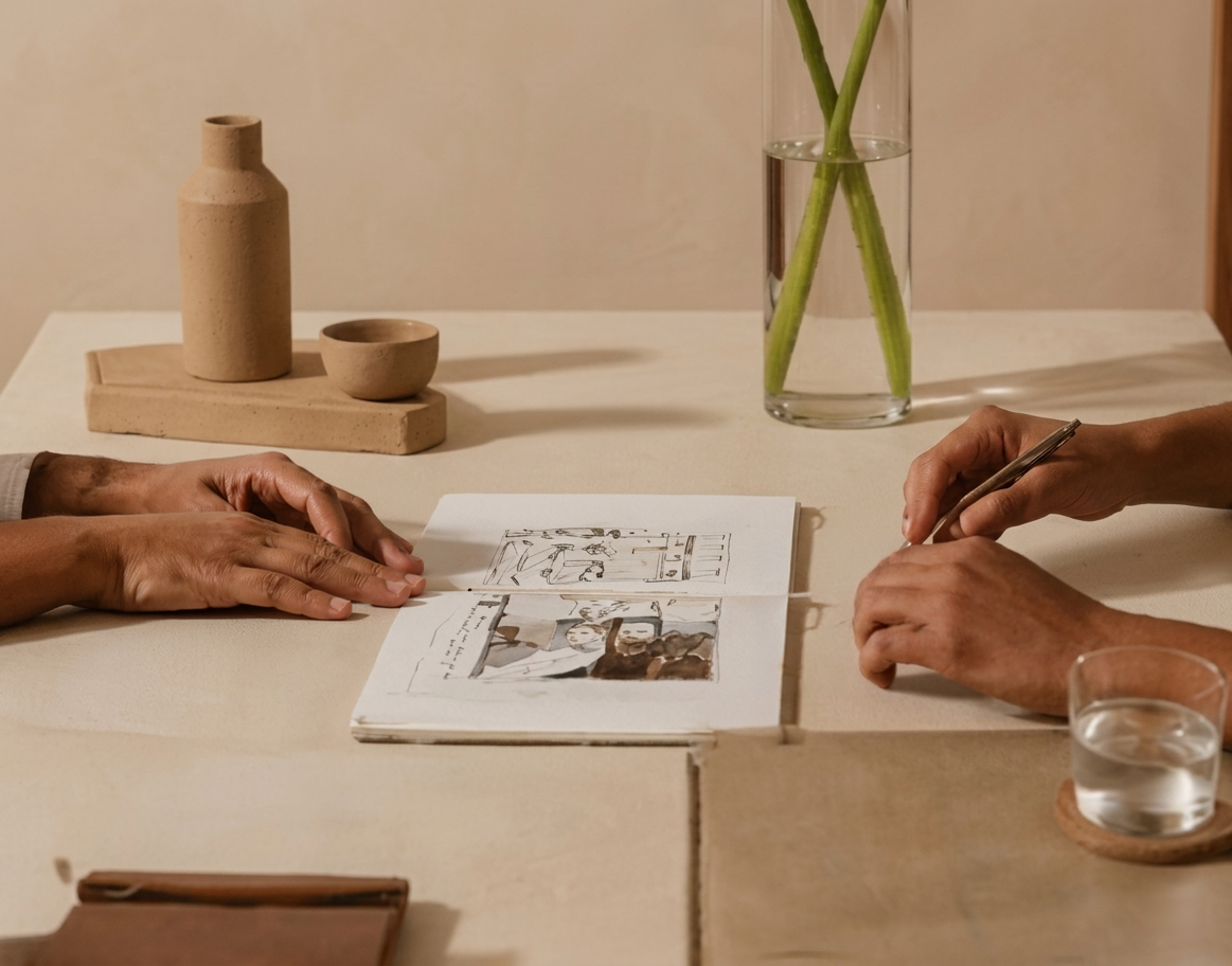Dos personas sentadas en una mesa revisando un cuaderno con esquemas y fotografías. En la mesa hay un vaso con agua, una farola con algunas decoraciones de cerámica y un florero con plantas.