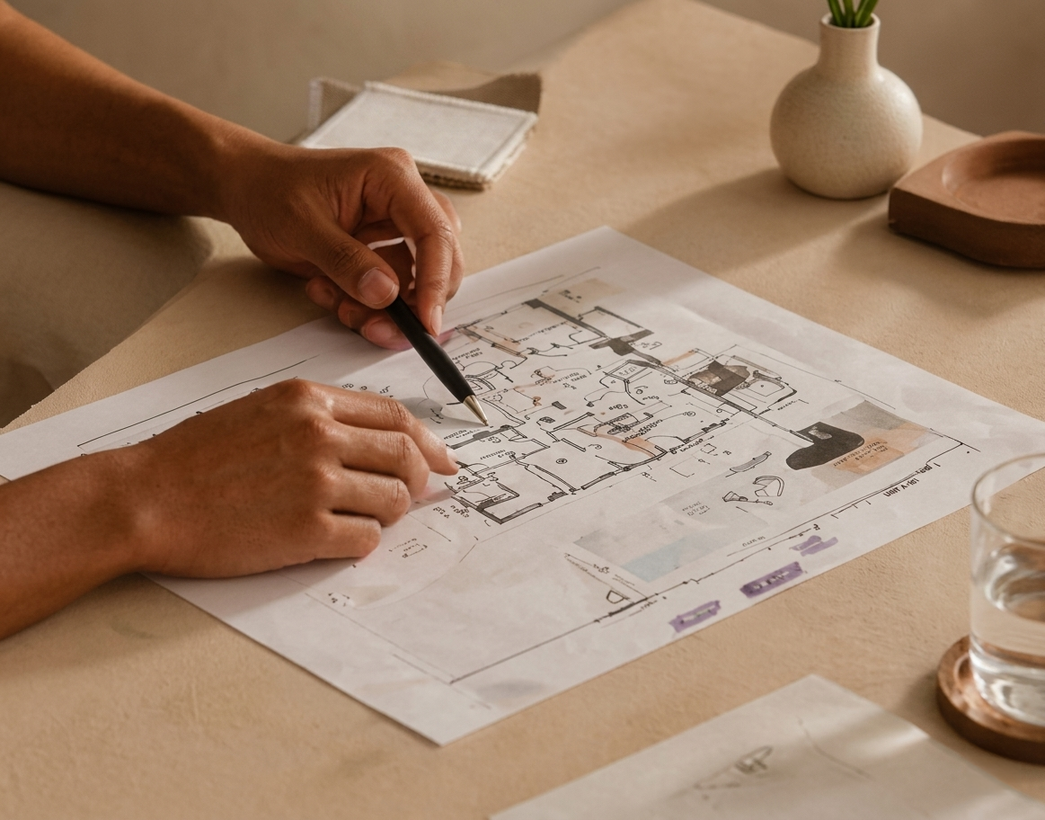 Manos revisando un plano de construcción o diseño arquitectónico sobre una mesa
