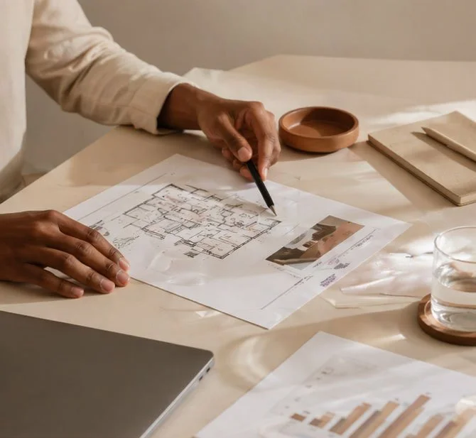 Persona revisando un plano de arquitectura en una mesa de madera con una taza de agua, una laptop, y otros papeles con gráficos.