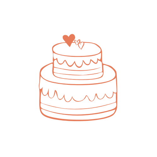 Outline drawing of a two-tiered birthday cake with a heart on top and decorative icing.