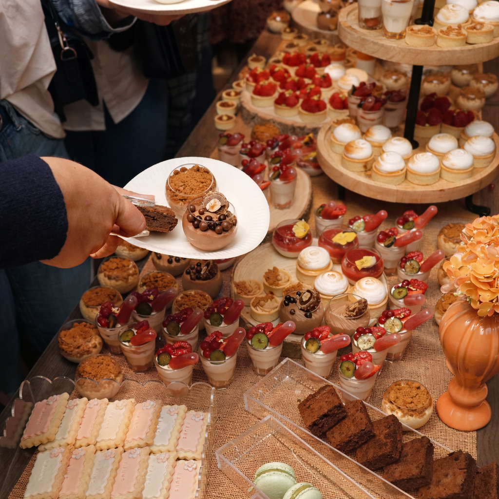 A variety of desserts on a table at a bakery or event, including mini tarts, glasses of dessert with fruits and toppings, and slices of cake.