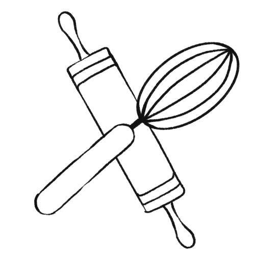 Line drawing of a whisk, a rolling pin, and a spatula crossed over each other.