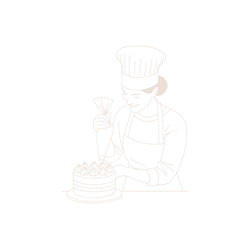 Line drawing of a chef decorating a birthday cake with a piping bag