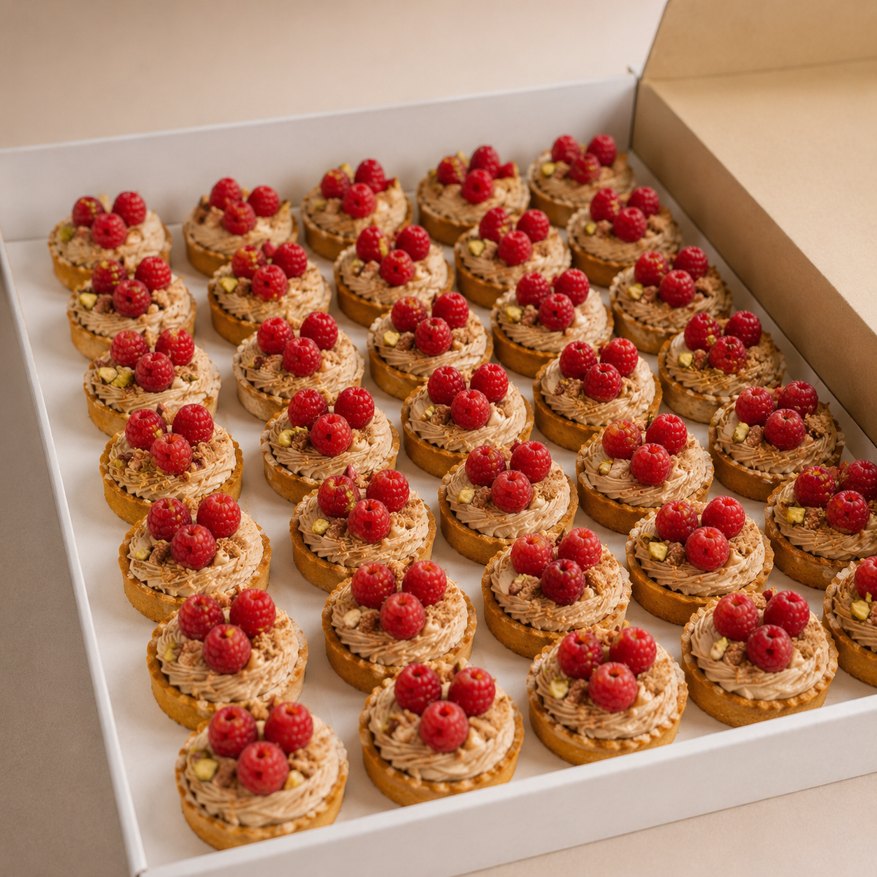 A box of bakery desserts topped with raspberries and garnished with chopped pistachios.