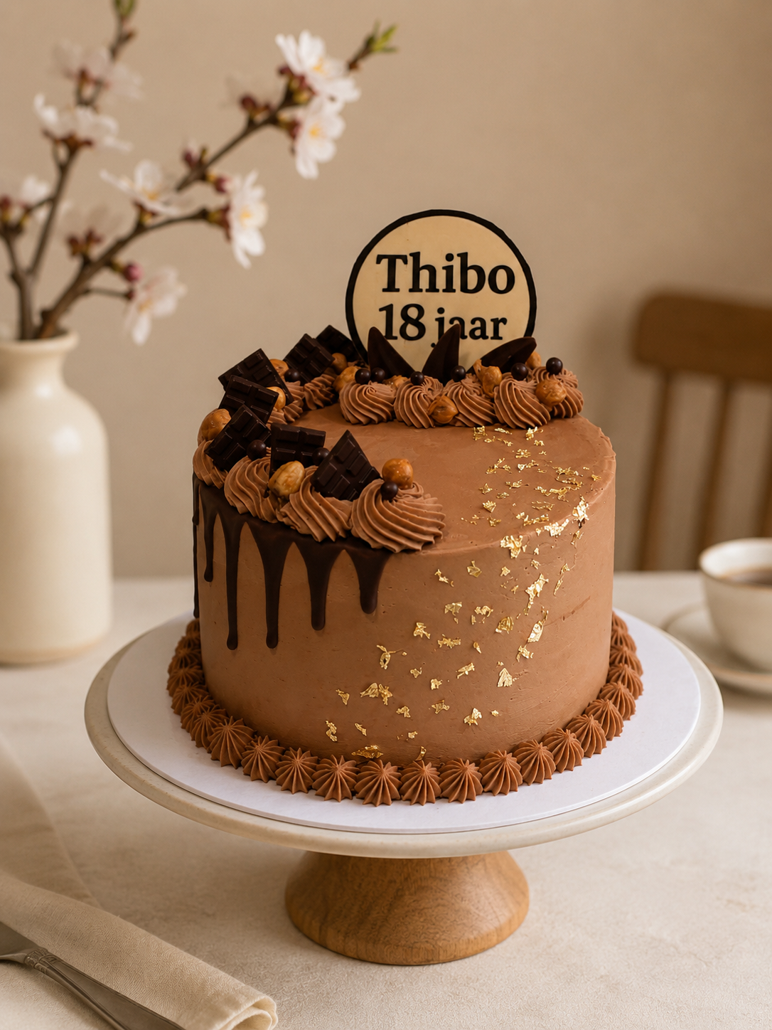 Chocolate birthday cake decorated with chocolate swirls, pieces of chocolate, and gold leaf, with a sign reading 'Thibo 18 inar,' on a white cake stand, with a vase of cherry blossom branches in the background.