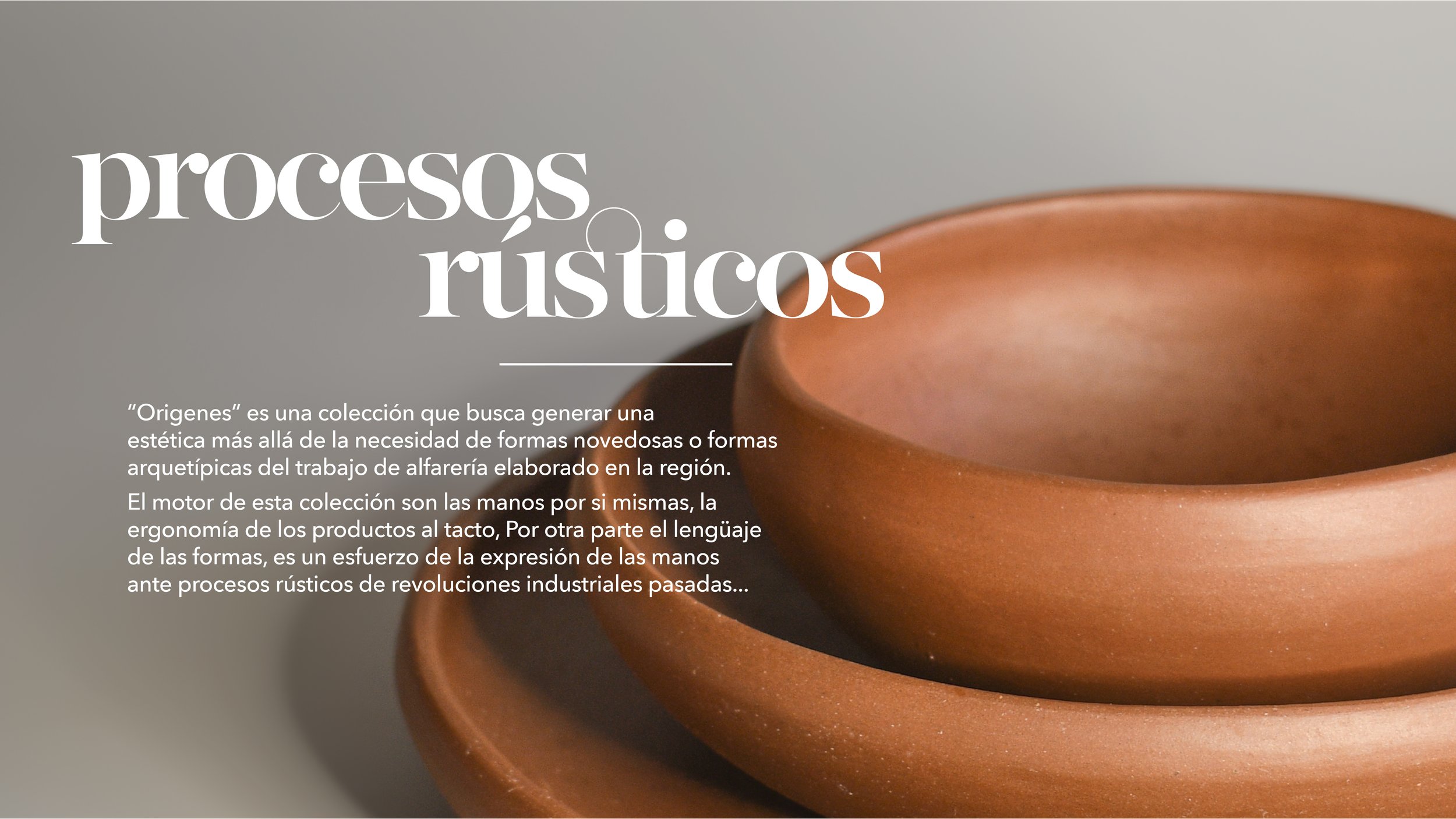 Close-up of two stacked terracotta pots with text overlay about processes and craftsmanship.