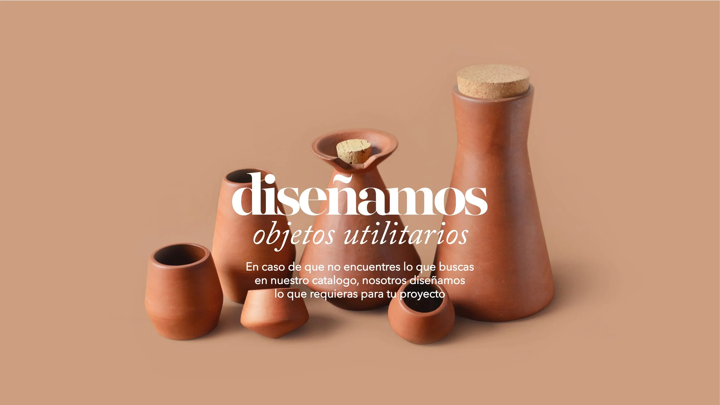 Various terracotta vases of different shapes and sizes with cork stoppers on a matching beige background.