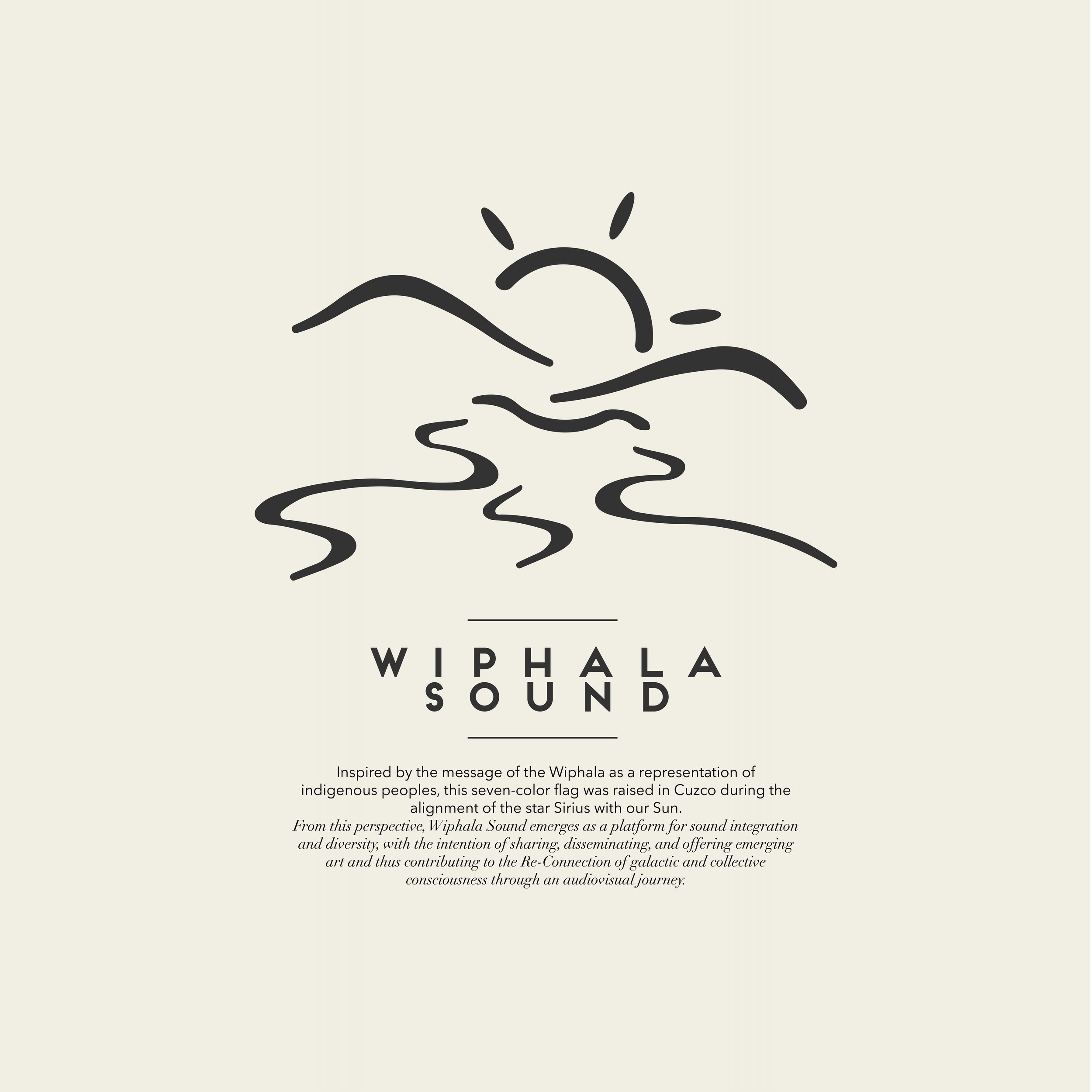 The image features a minimalistic black line drawing of a mountain, a sun, and a flowing river or stream, with the text 'WIPHALLA SOUND' below and a paragraph of descriptive text underneath.