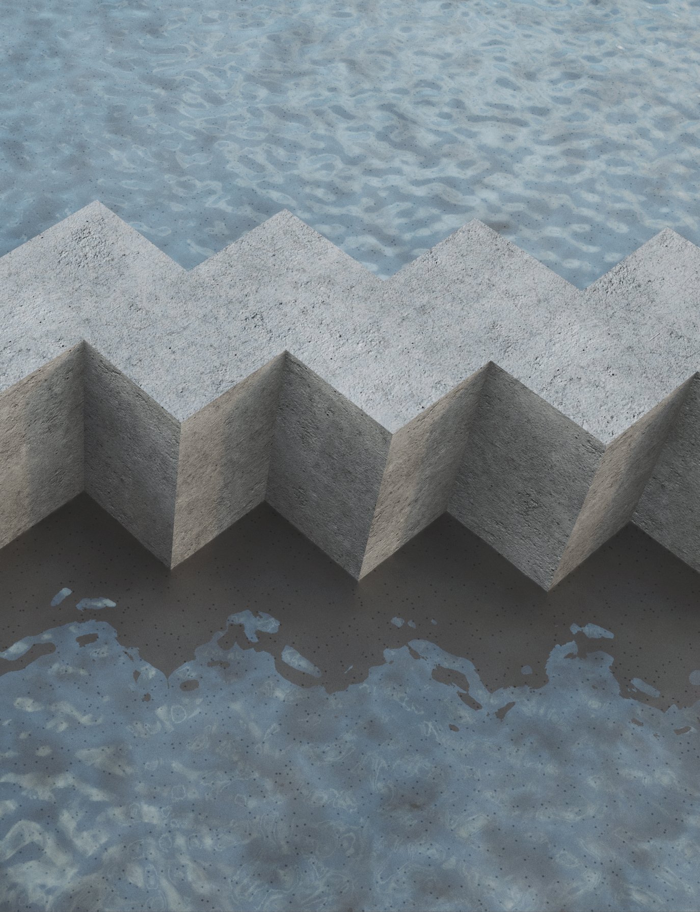 Concrete blocks arranged in a zigzag pattern on a wet surface with water in the background.