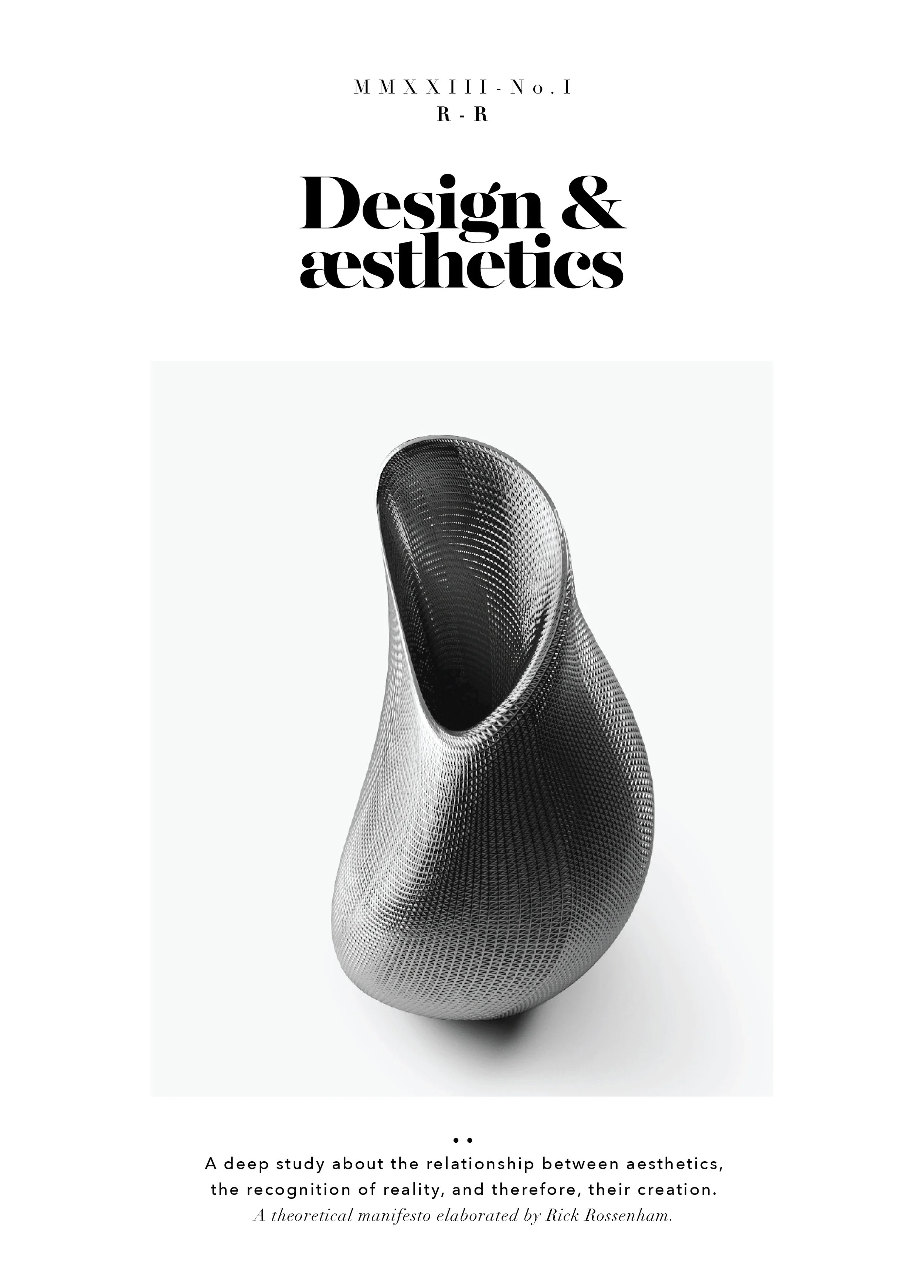 Cover page titled "Design & aesthetics" with a black and white abstract 3D sculpture in the center and a description about the relationship between aesthetics and reality.
