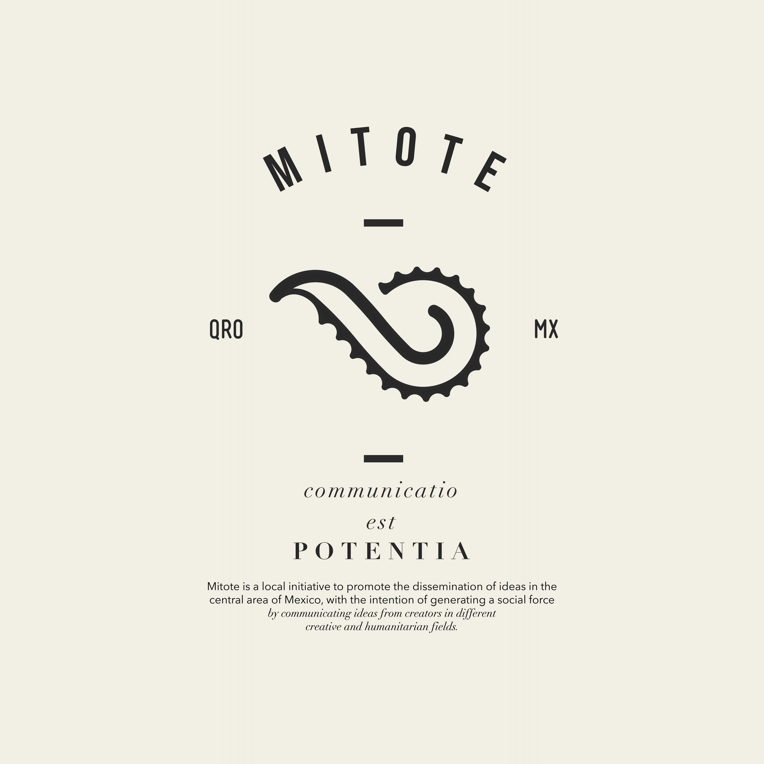 Text-based design with the word 'MITOTE' at the top, a stylized graphic of a chili pepper with a gear around it, and a paragraph explaining Mitote as a local initiative in Mexico promoting idea dissemination.