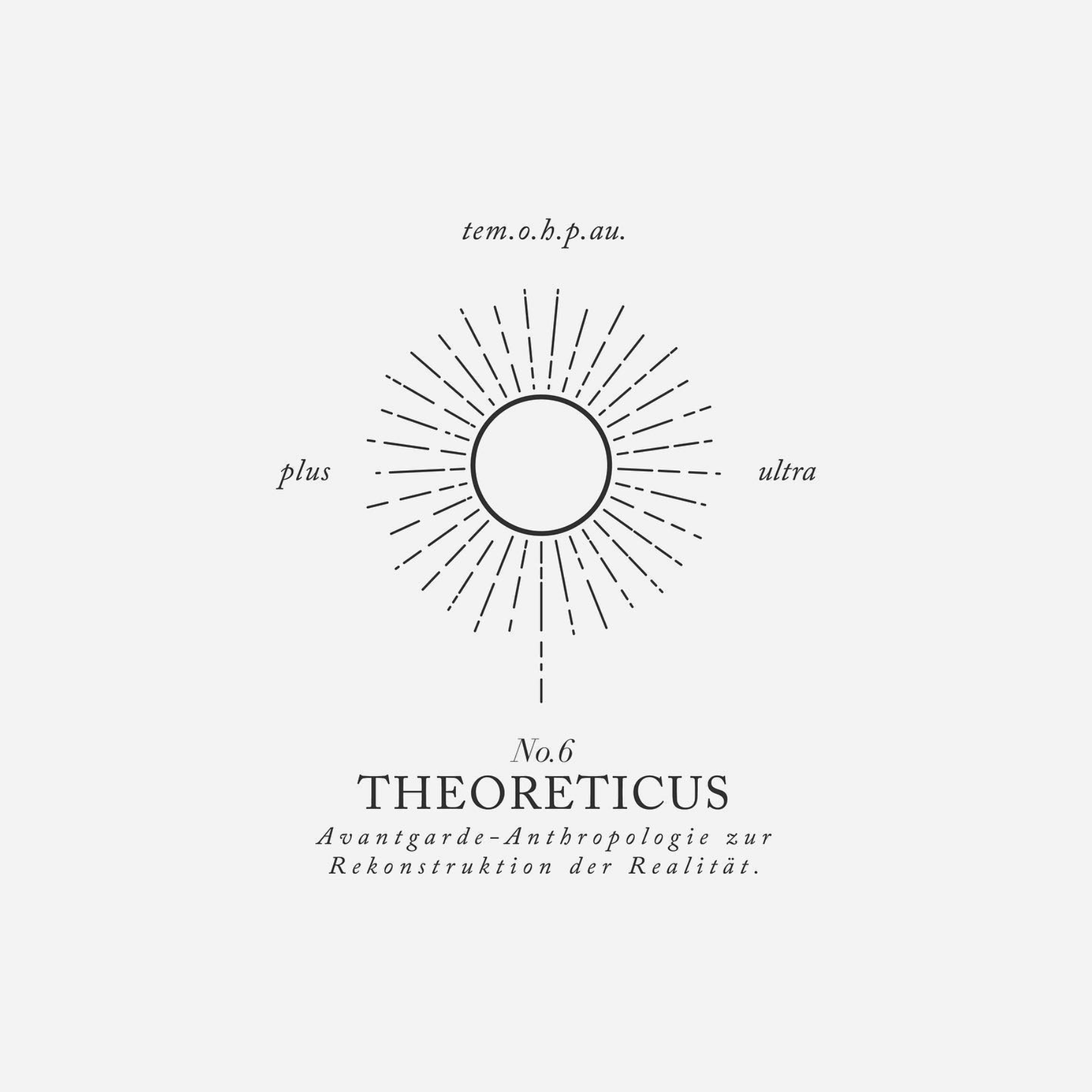 Black-and-white scientific diagram with a sunburst pattern around a circle, labeled 'tem.o.h.p.au.' in cursive. Text includes 'plus' and 'ultra,' with additional German language text below.