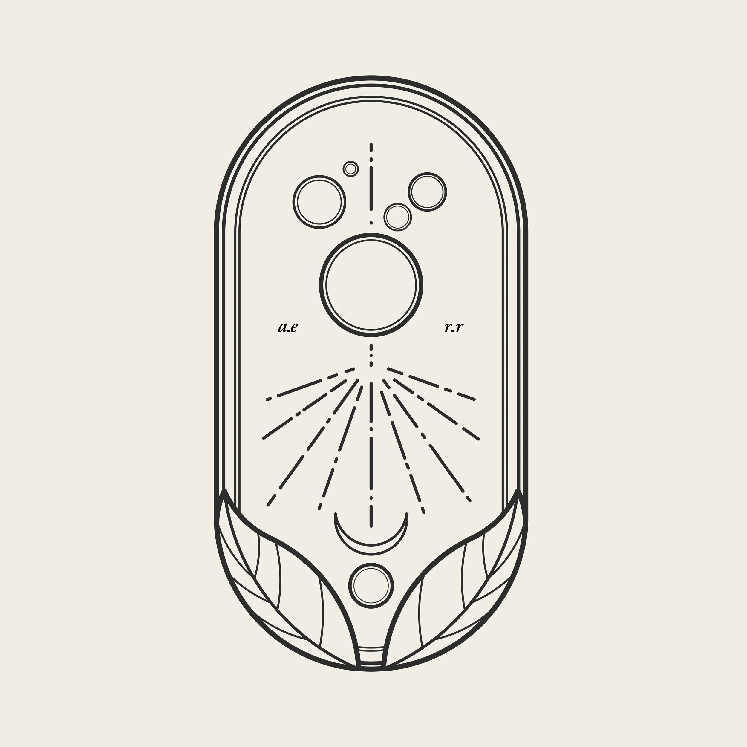 A line drawing of a mechanical or industrial valve with various circular and oval shapes, some labeled with mathematical symbols.