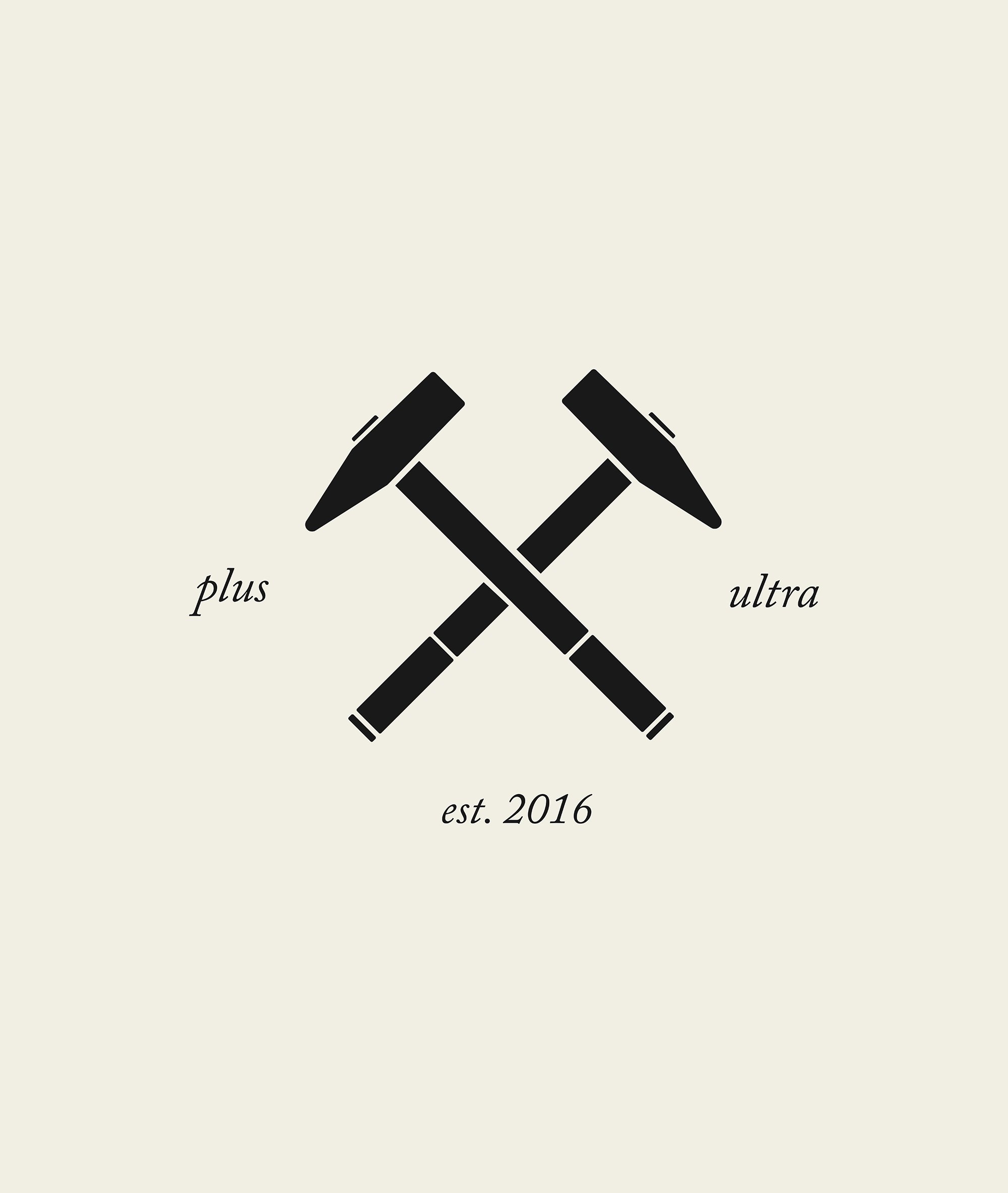 Stylized black and white crossed golf clubs above the words "plus ultra" and "est. 2016" on a light cream background.