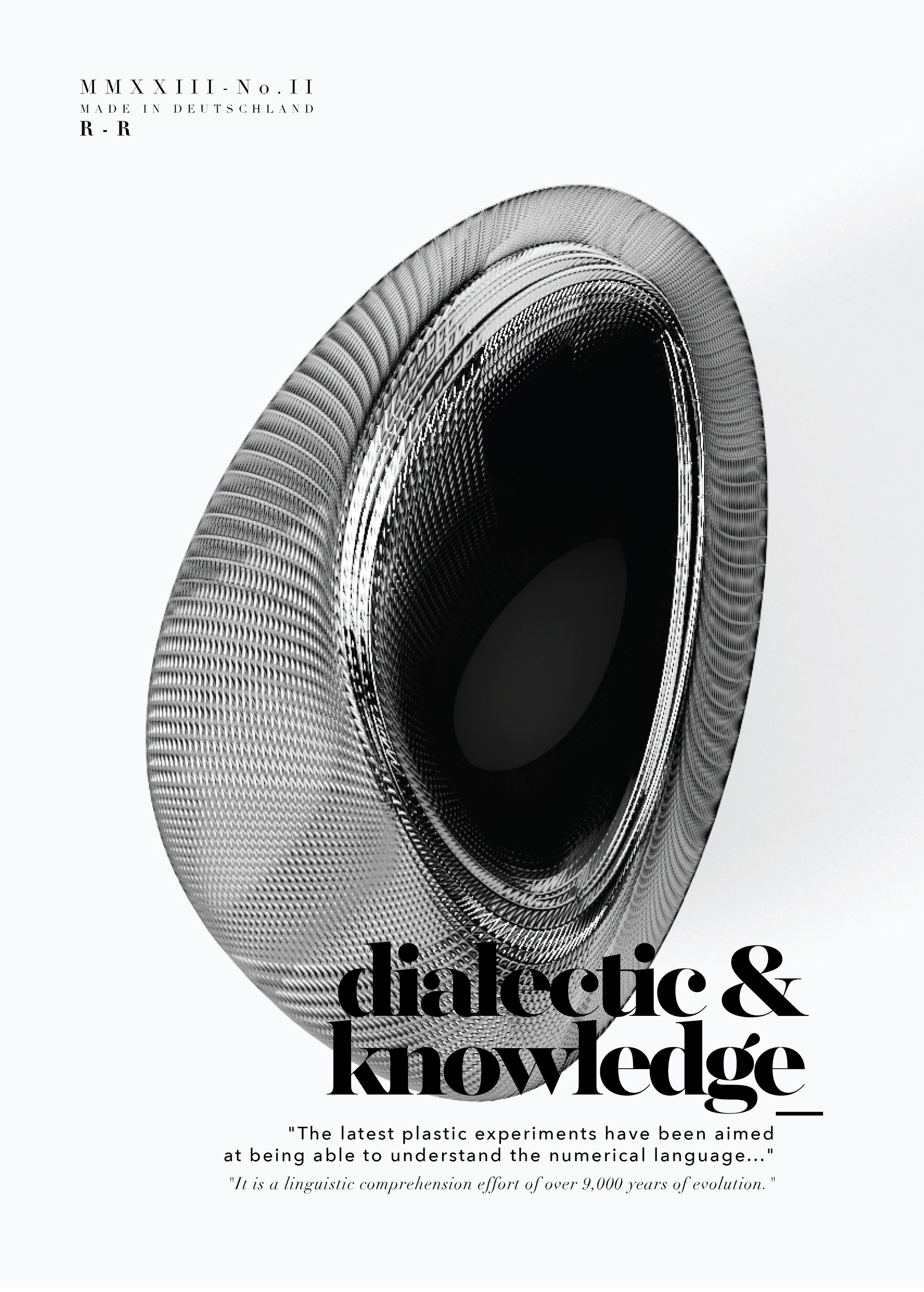 Close-up of a black and white textured object resembling a mechanical or industrial component, with overlaid text discussing dialectic and knowledge, including a quote about linguistic effort and evolution.