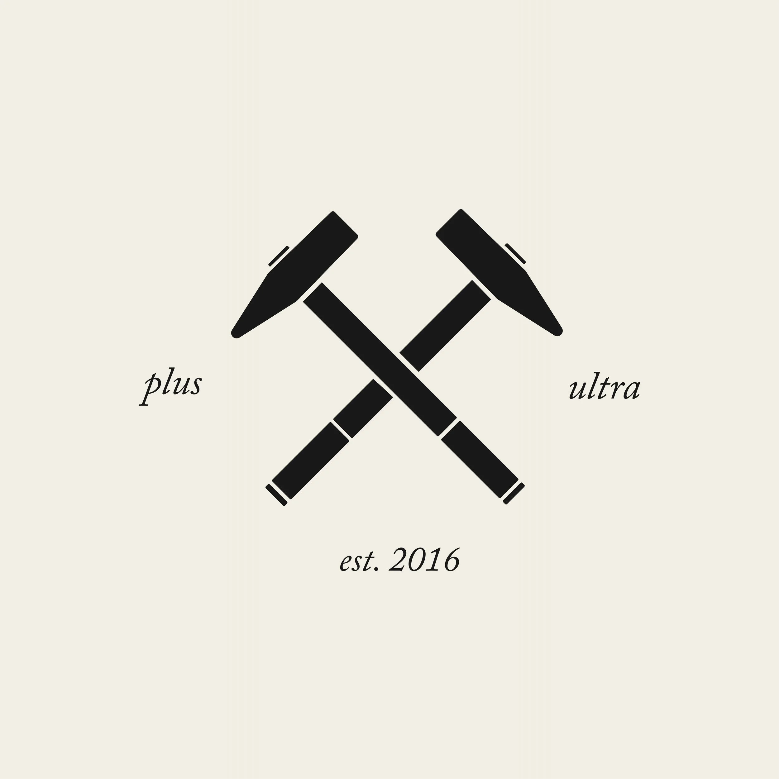 Black and white illustration of two crossed pencils with the words 'plus ultra' and 'est. 2016' in cursive.