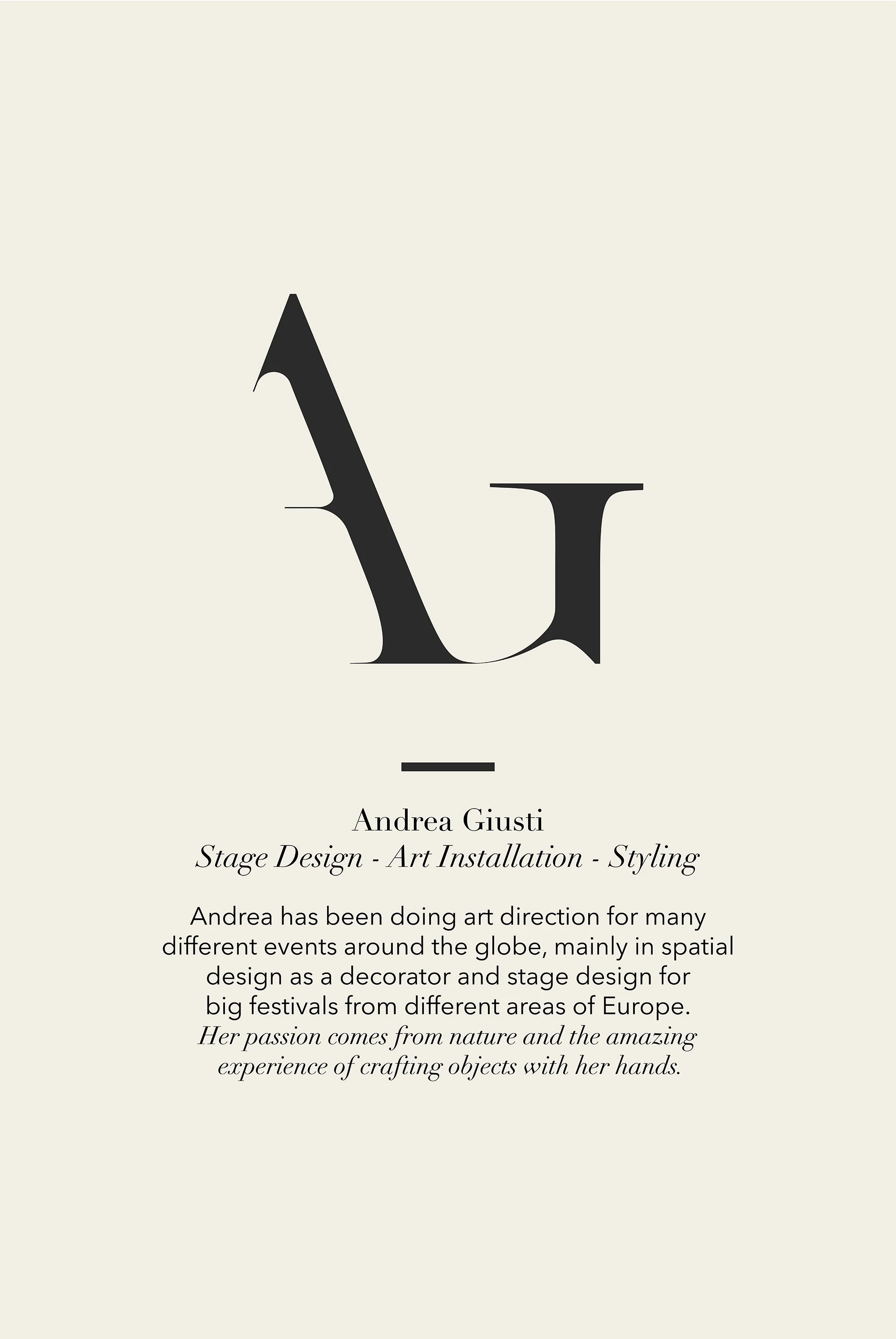 Large black letter 'A' with a smaller black letter 'V' underneath, on a light background, with text about Andrea Giusti's work in stage design and art installation.