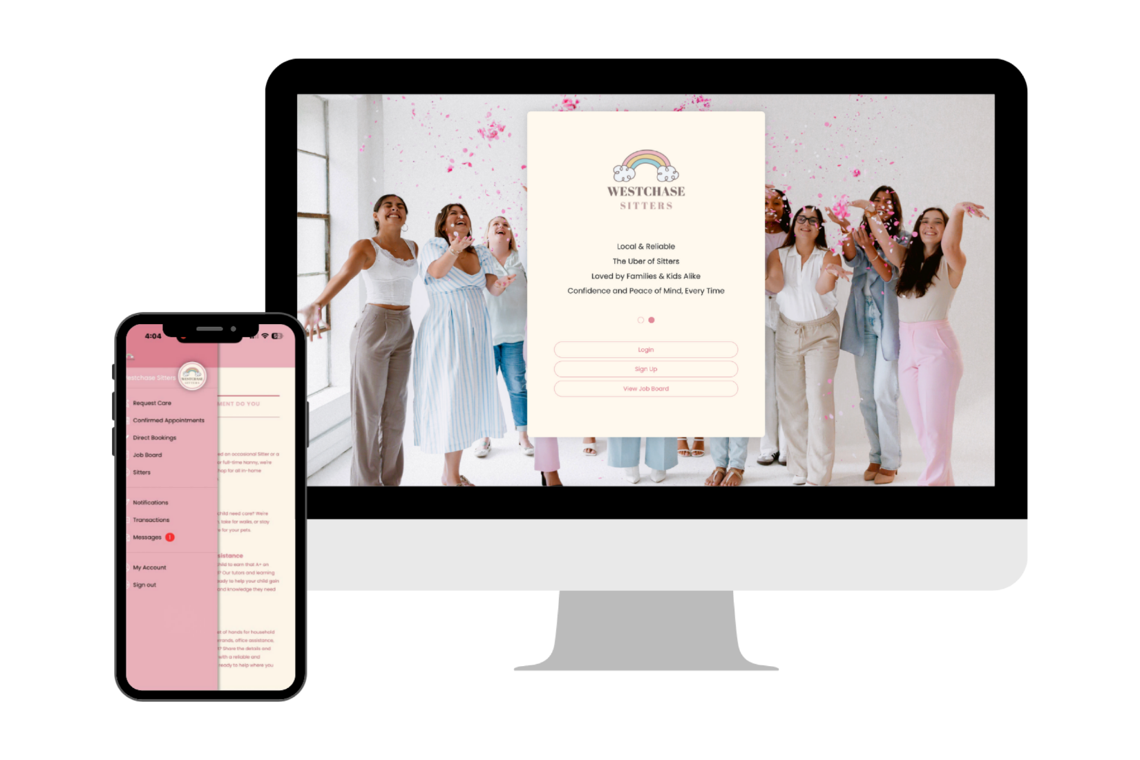 A group of diverse women celebrating indoors with pink confetti, with a large iMac screen displaying a card for 'Westchase Sitters' and a mobile phone showing the mobile interface of the same service.