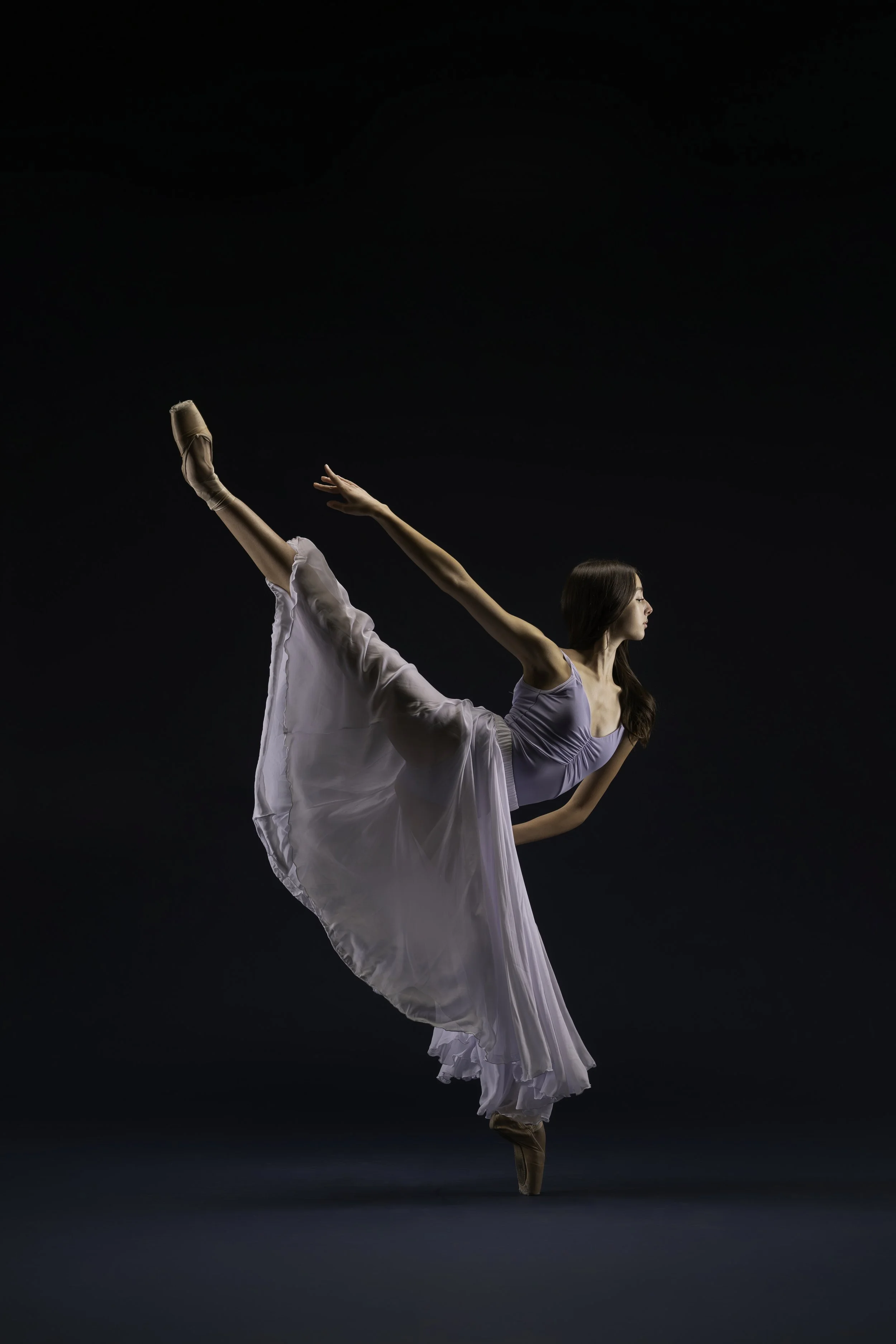 A female ballet dancer in a white dress performing a high leg extension on pointe against a dark background.