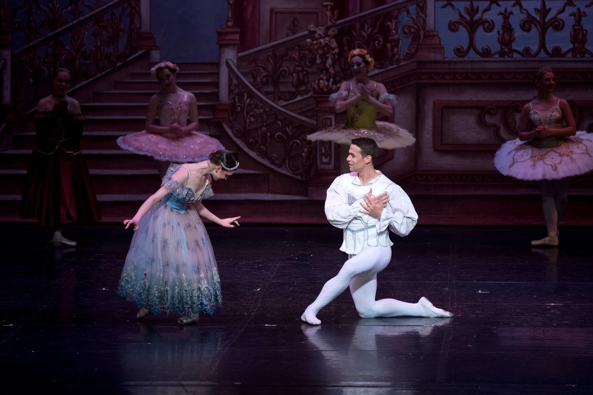 Ballet performance with a male dancer kneeling and a female dancer bowing on stage, with ballerinas in tutus in the background.