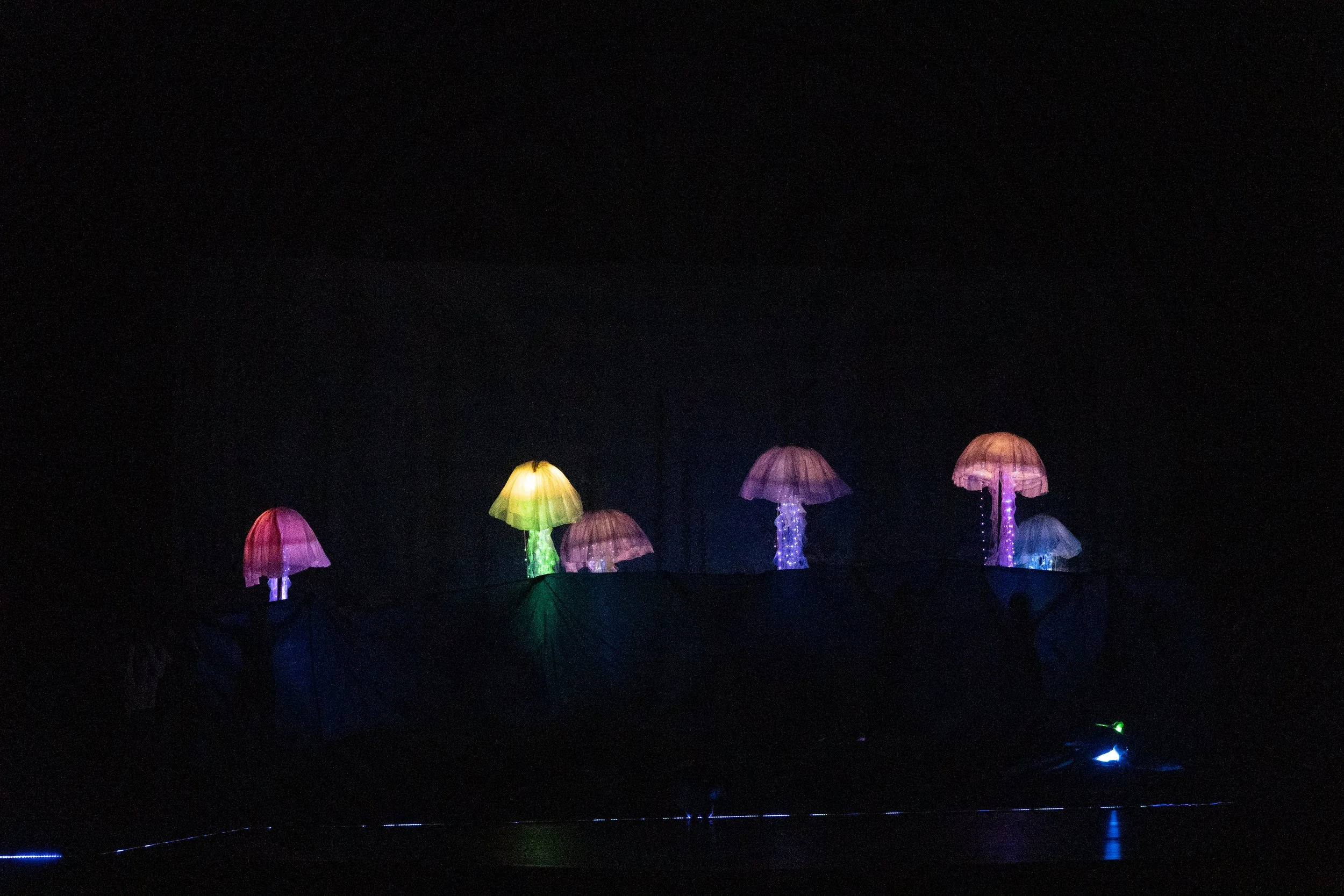 Colorful illuminated mushroom-shaped decorations on a dark stage.