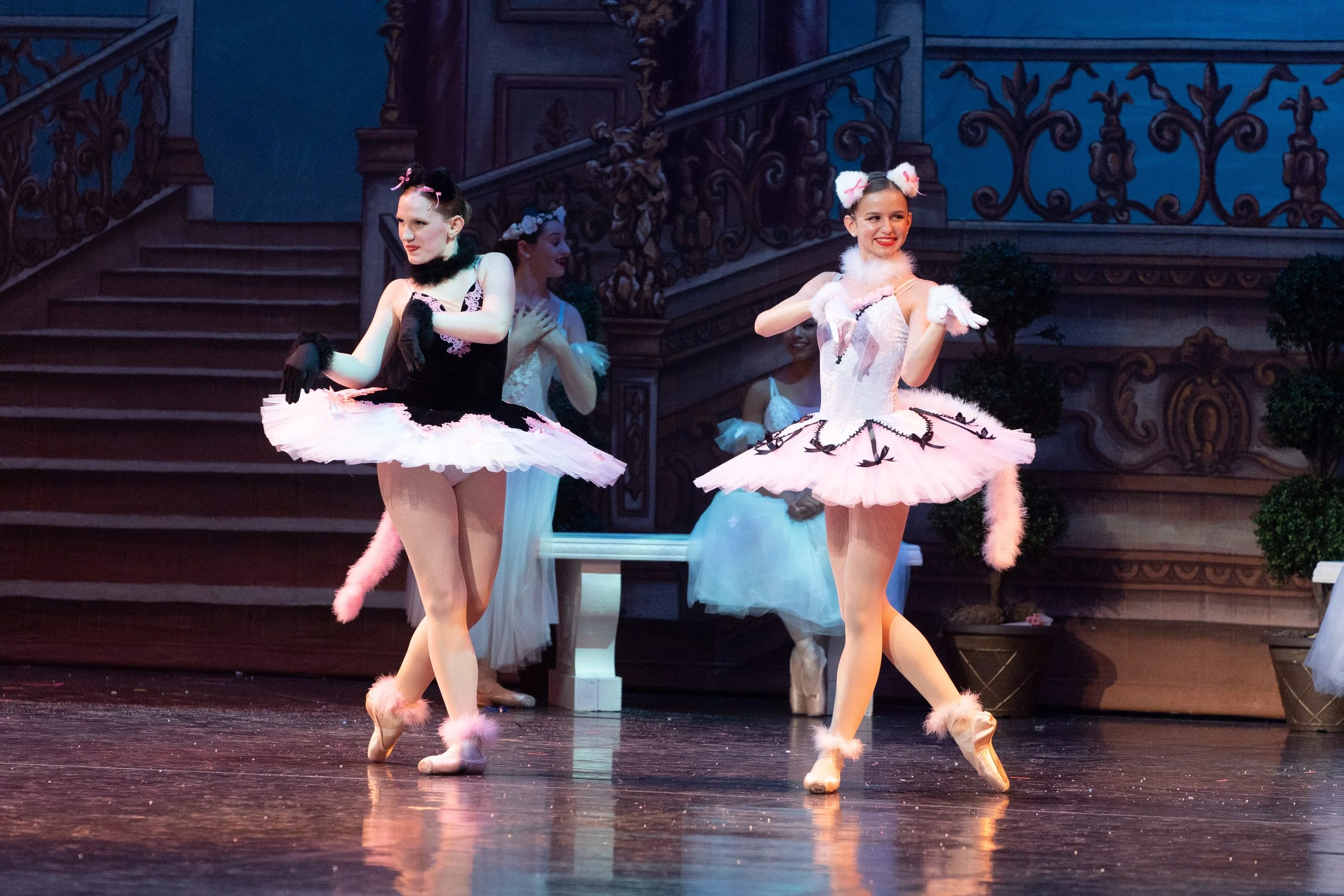 Ballet dancers dressed as cats perform on stage, wearing pink tutus with black accents, cat ears, tails, and paws, with a staircase and ornate backdrop in the background.