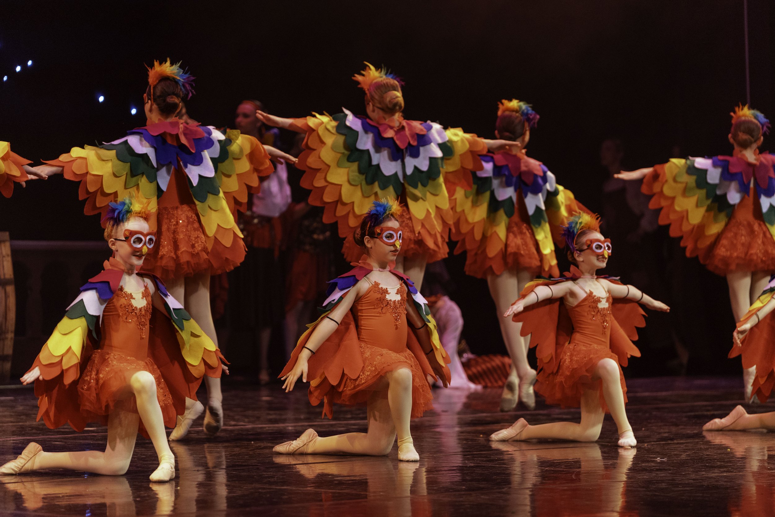 Children in colorful bird costumes dancing on stage during a performance.