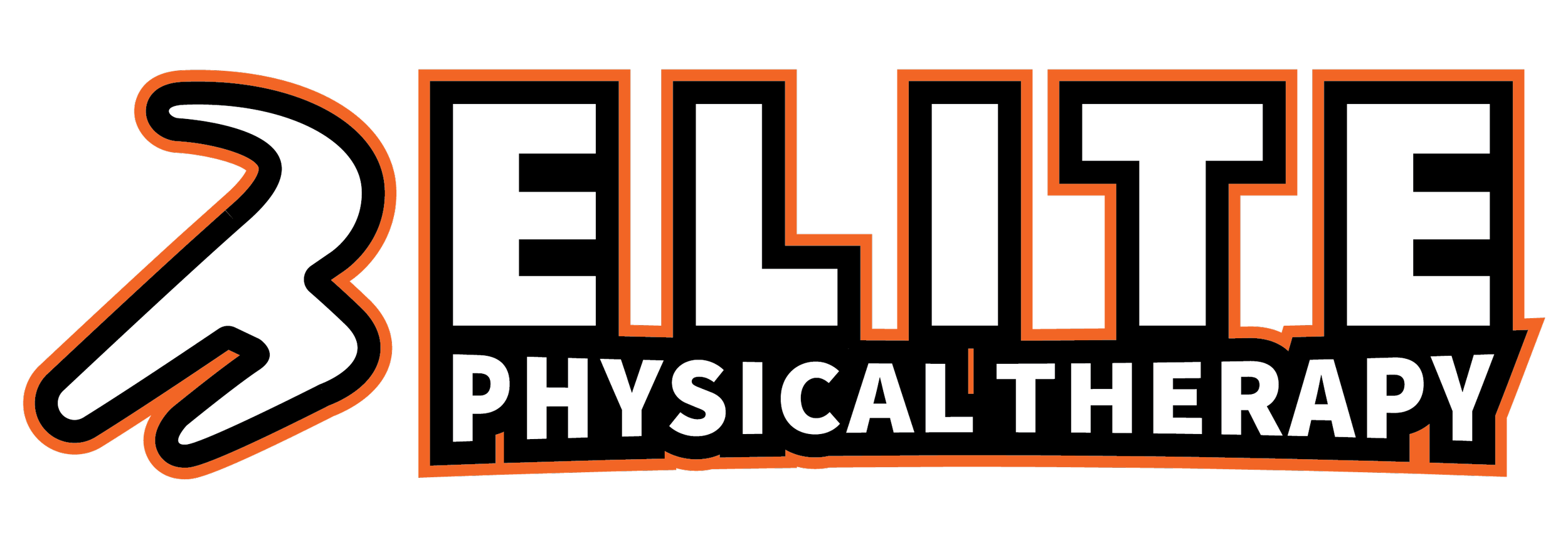 Logo for 2 Elite Physical Therapy, featuring a stylized hand in black, white, and orange next to the text '2 ELITE PHYSICAL THERAPY' in bold letters.