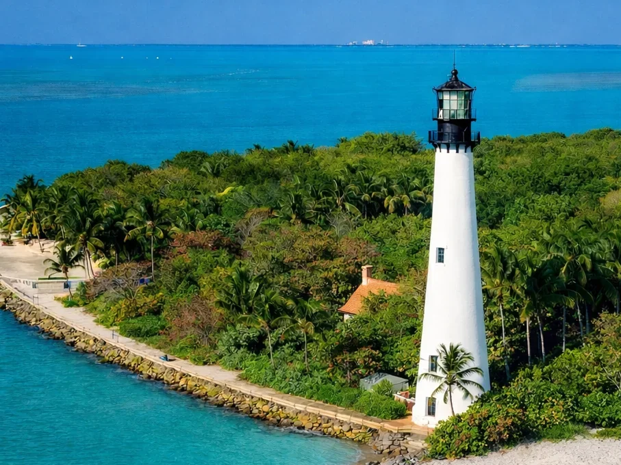 White lighthouse among palm trees on a point by the sea
