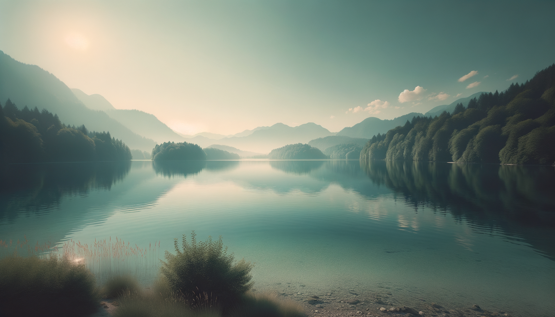 Serene mountain lake with calm water reflecting surrounding forested hills and distant mountain range under a hazy sky.