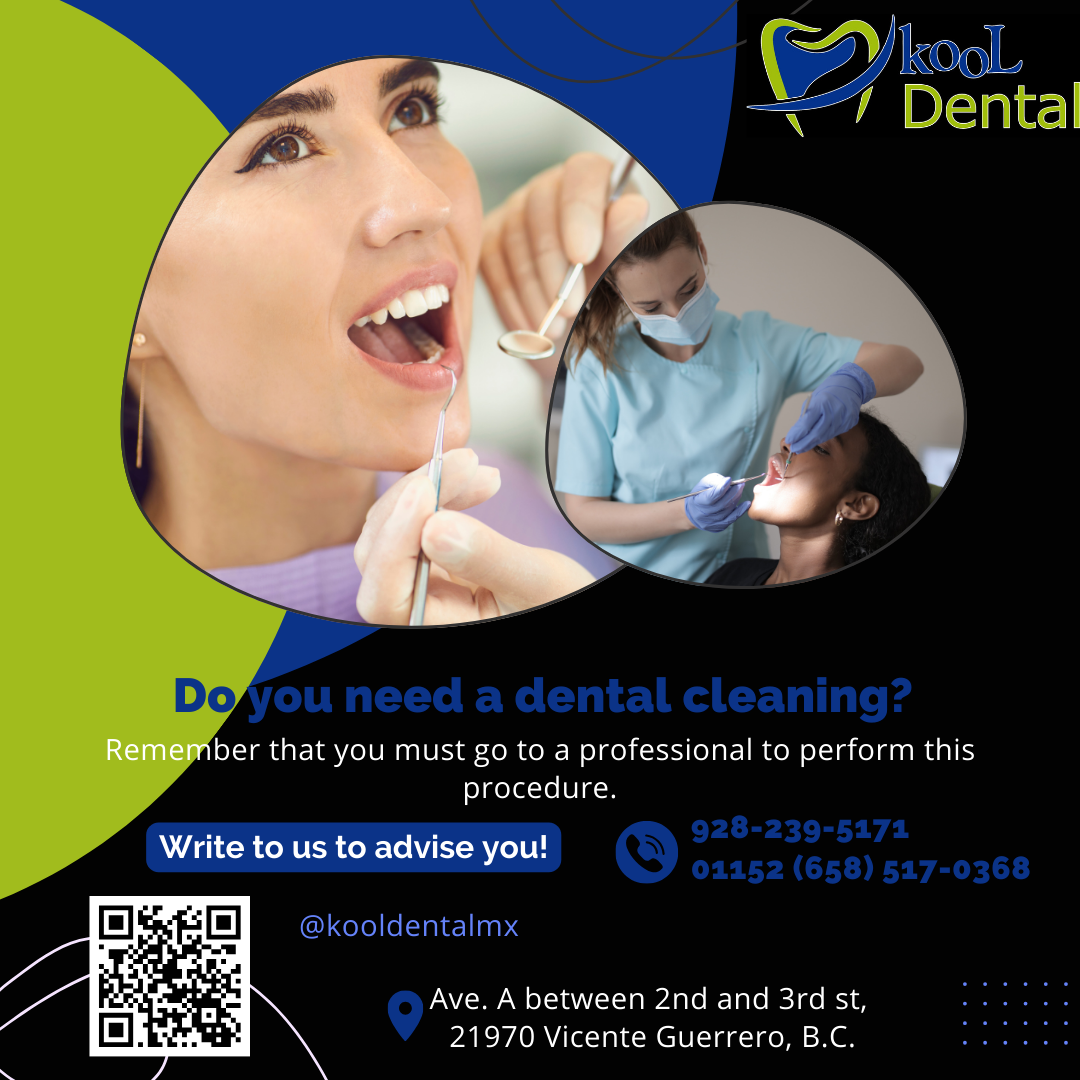 Publicidad de una clínica dental llamado Kool Dental con imágenes de una mujer en una revisión dental y un dentista atendiendo a un paciente. Incluye información de contacto y dirección en la Ciudad de México.