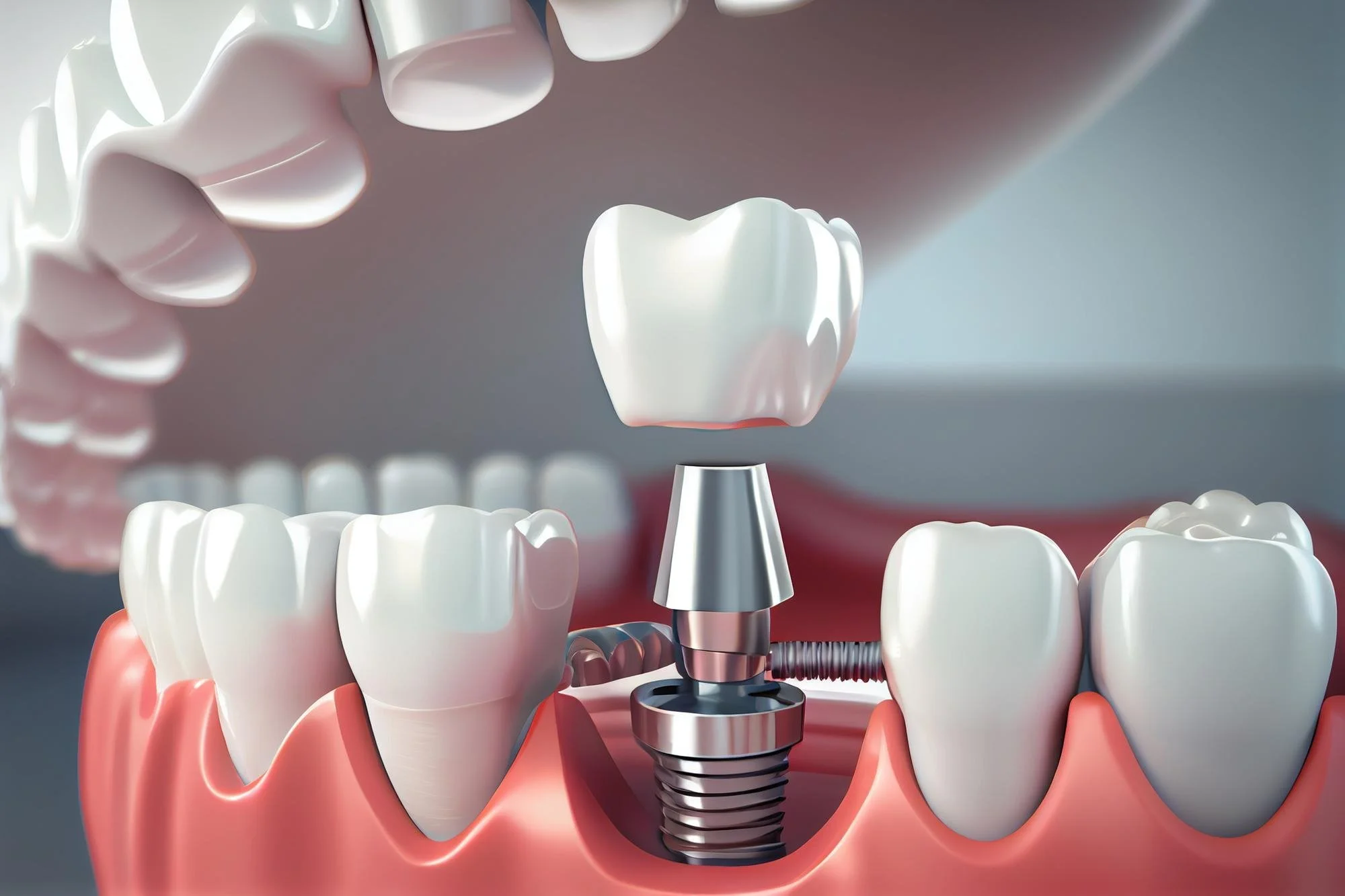 Ilustración digital de un implante dental en proceso, con dientes naturales circundantes en la encía, mostrando la colocación de un tornillo en el hueso maxilar.