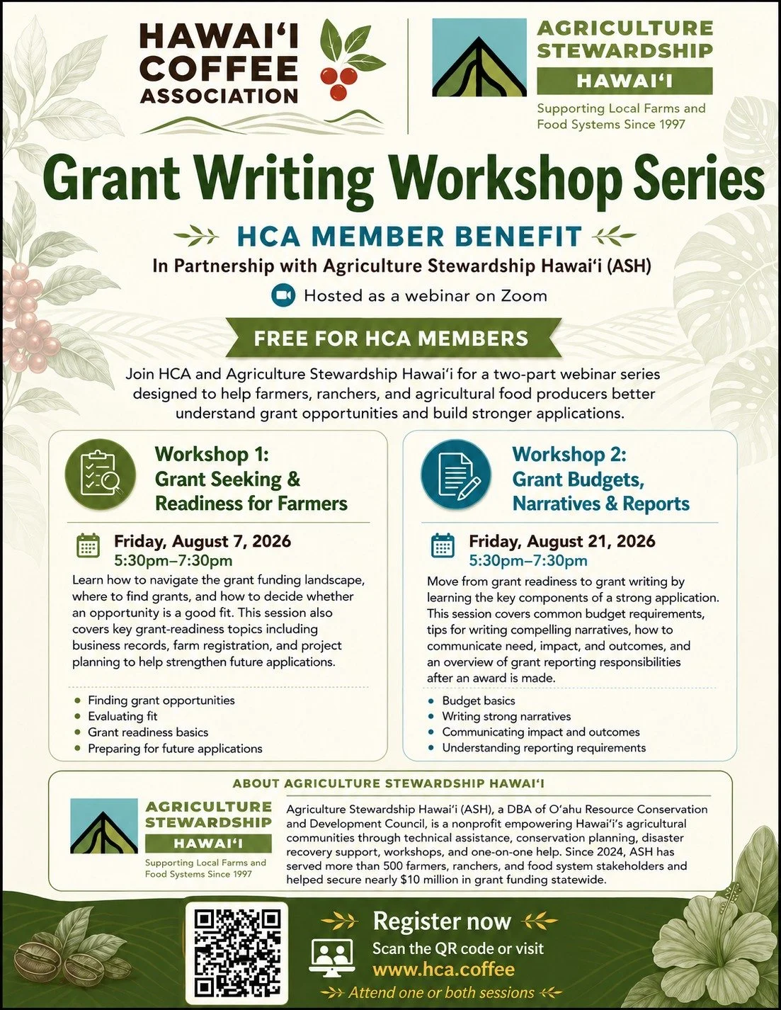 Free for HCA Members! Join us for our Grant Writing Workshop series in partnership with @agstewardshiphawaii 

Register at the link in bio!