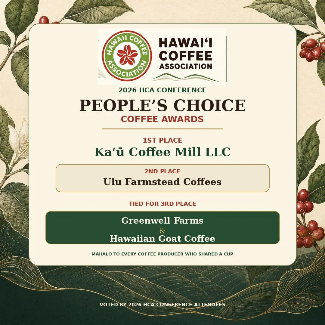 ☕️🏆 The votes are in!

Congratulations to the winners of the 2026 HCA People&rsquo;s Choice Coffee Awards:
🥇 First Place Ka&lsquo;ū Coffee Mill LLC

🥈 Second Place Ulu Farmstead Coffees

🥉 Tied for Third Place Greenwell Farms Hawaiian Goat Coffee