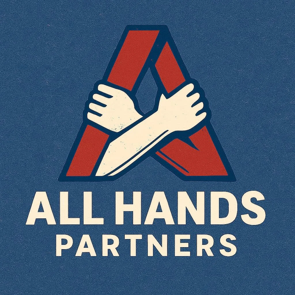 A graphic featuring a red and blue triangular shape with two white hands clasped together at the center. Below, the text reads 'ALL HANDS PARTNERS' in white capital letters.