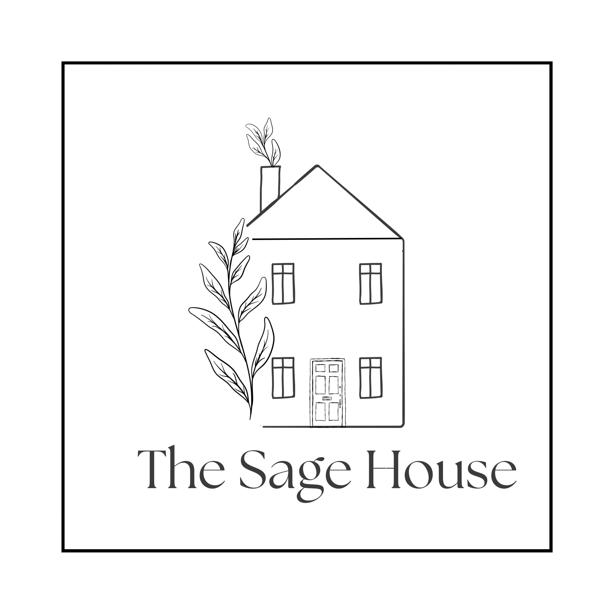 Logo of The Sage House featuring a black and white drawing of a house with a tree next to it, and the text 'The Sage House' below.