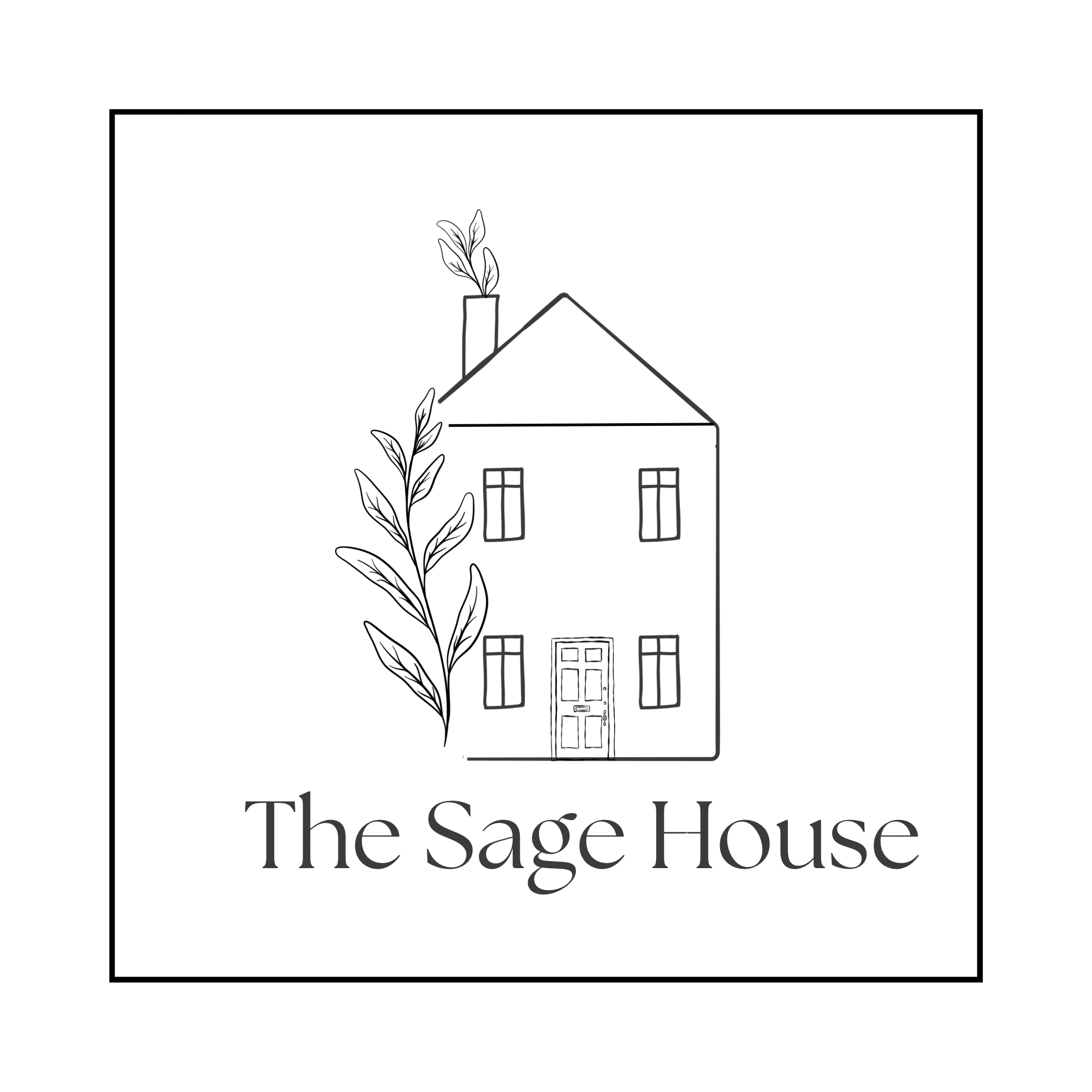 A logo with a black outline of a house with a tree next to it, and the text 'The Sage House' below.