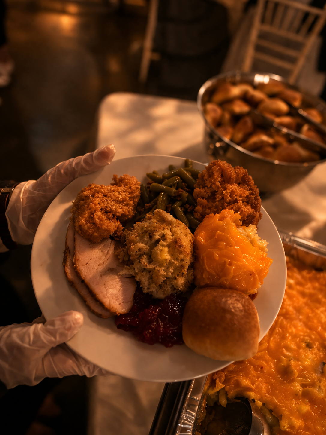 A person's hand wearing a glove holding a plate of assorted side dishes including fried chicken, stuffing, green beans, cranberry sauce, a meatball, and a scoop of mashed sweet potatoes with butter.