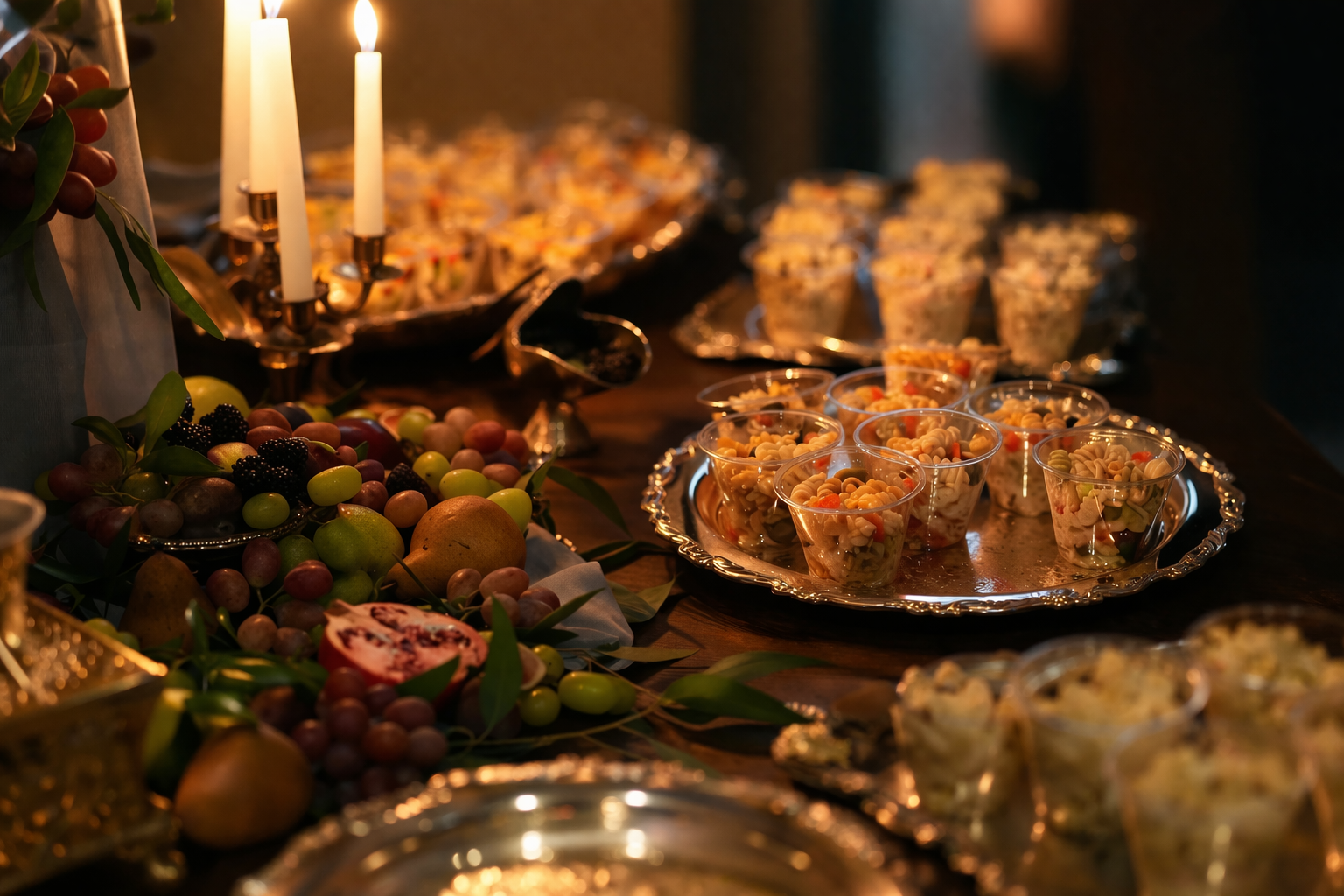 A table with a variety of food including grapes, pears, pomegranate, and other fruits, along with bowls of pasta salad and appetizers, decorated with candlesticks with lit candles.