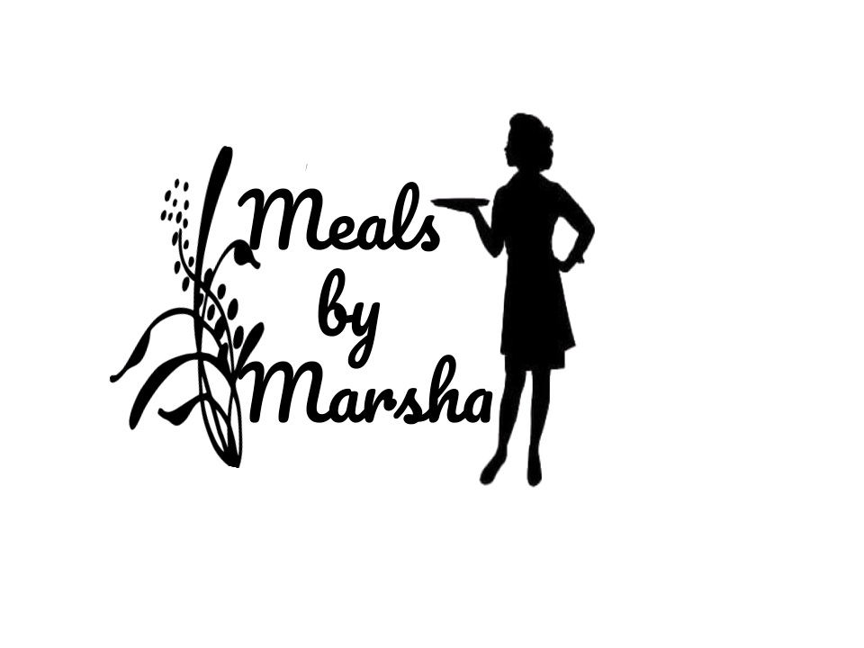 Silhouette of a girl holding a tray, next to text that reads 'Meals by Marsha' with decorative floral elements.