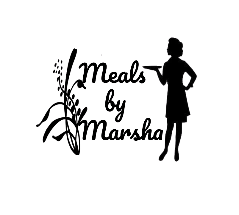 Silhouette of a woman holding a tray, with text that reads 'Meals by Marsha' and decorative wheat stalks on the left.