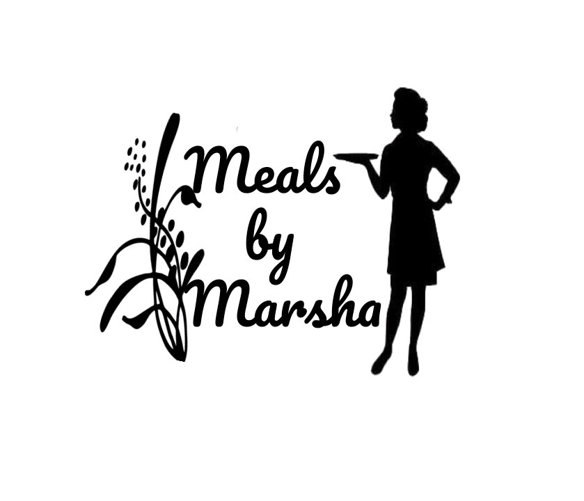 Silhouette of a woman holding a tray with food, with decorative text reading 'Meals by Marsha' and a branch of wheat or similar plant on the left side.