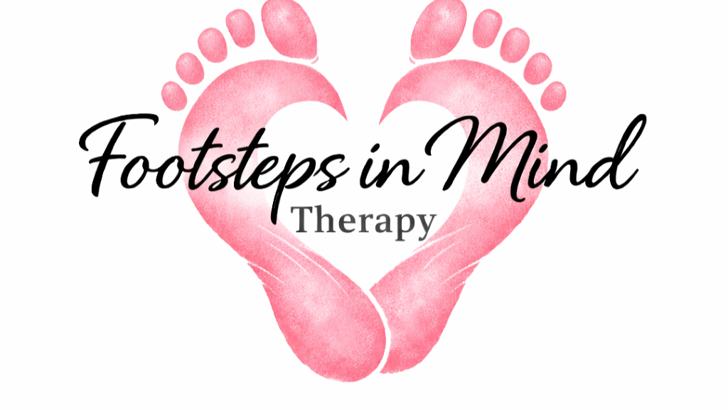 Pink footprints forming a heart shape with the text "Footsteps in Mind Therapy" inside.
