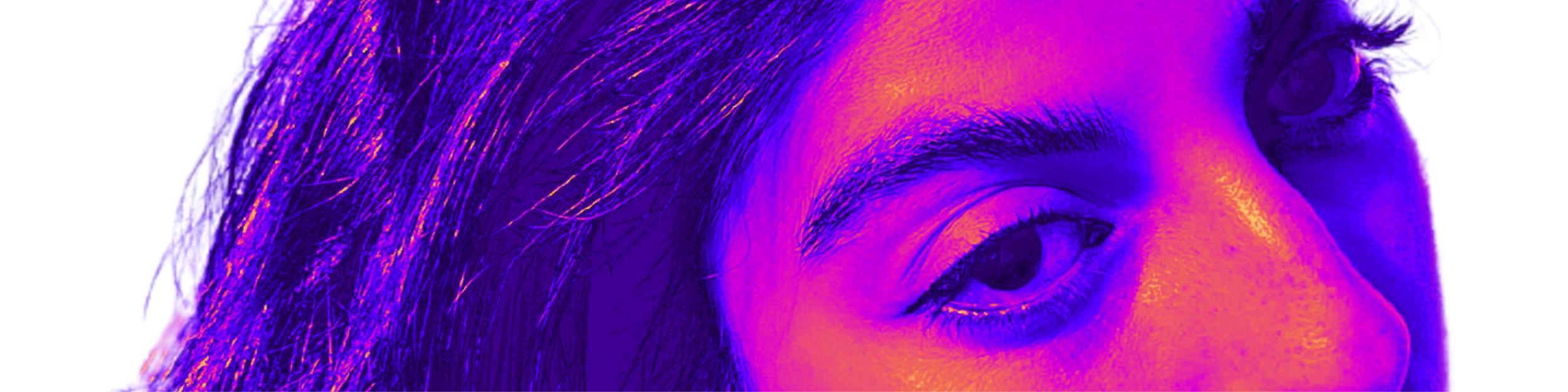 Close-up of a woman's face with her eye and eyebrow visible, shown in a thermal or infrared style in shades of purple, pink, and yellow.