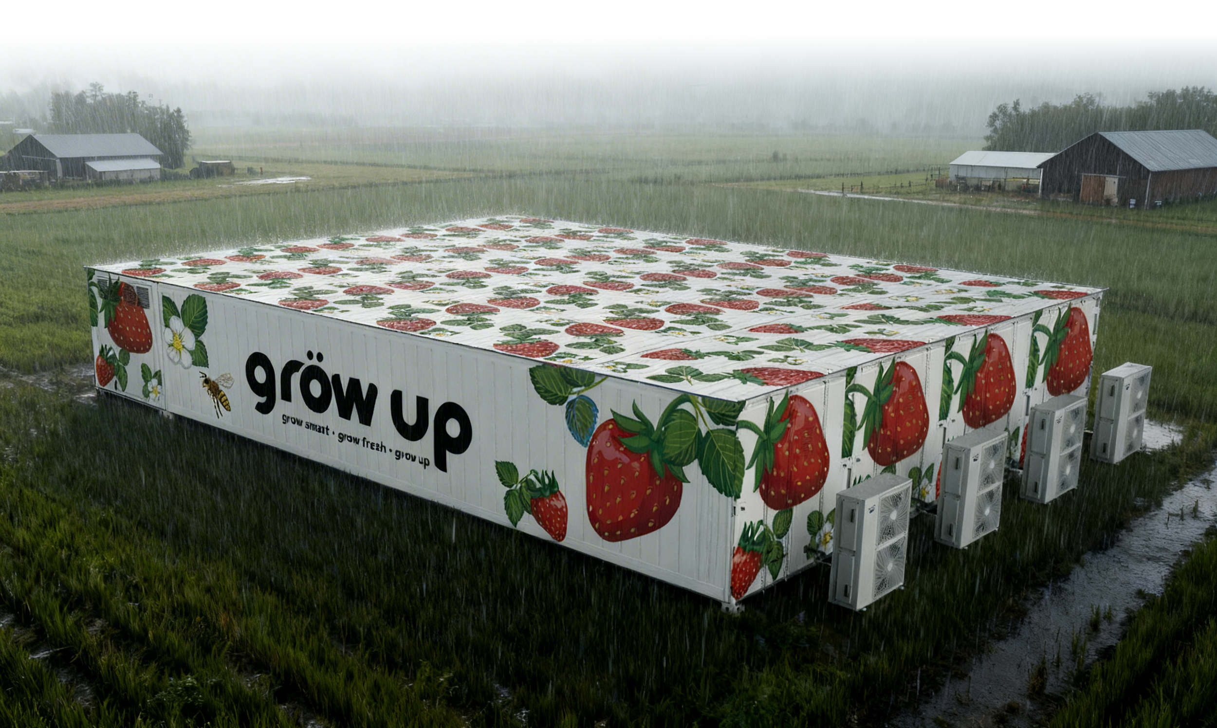 A large outdoor structure with strawberry-themed artwork and the words "grow up" on the side, situated in a rainy agricultural field.